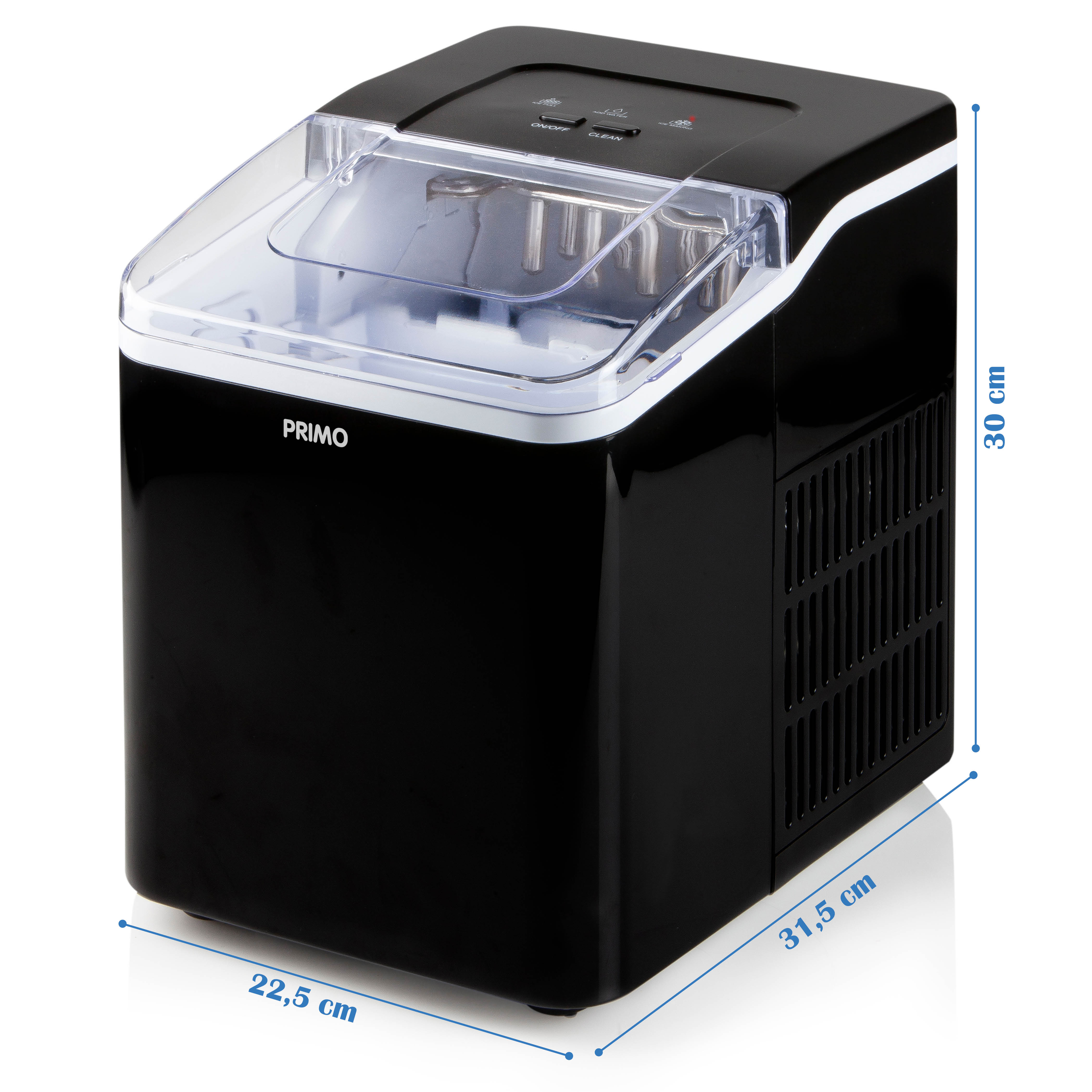 Black ice maker with transparent lid, dimensions labeled: 22.5cm x 31.5cm x 30cm. Text: PRIMO.