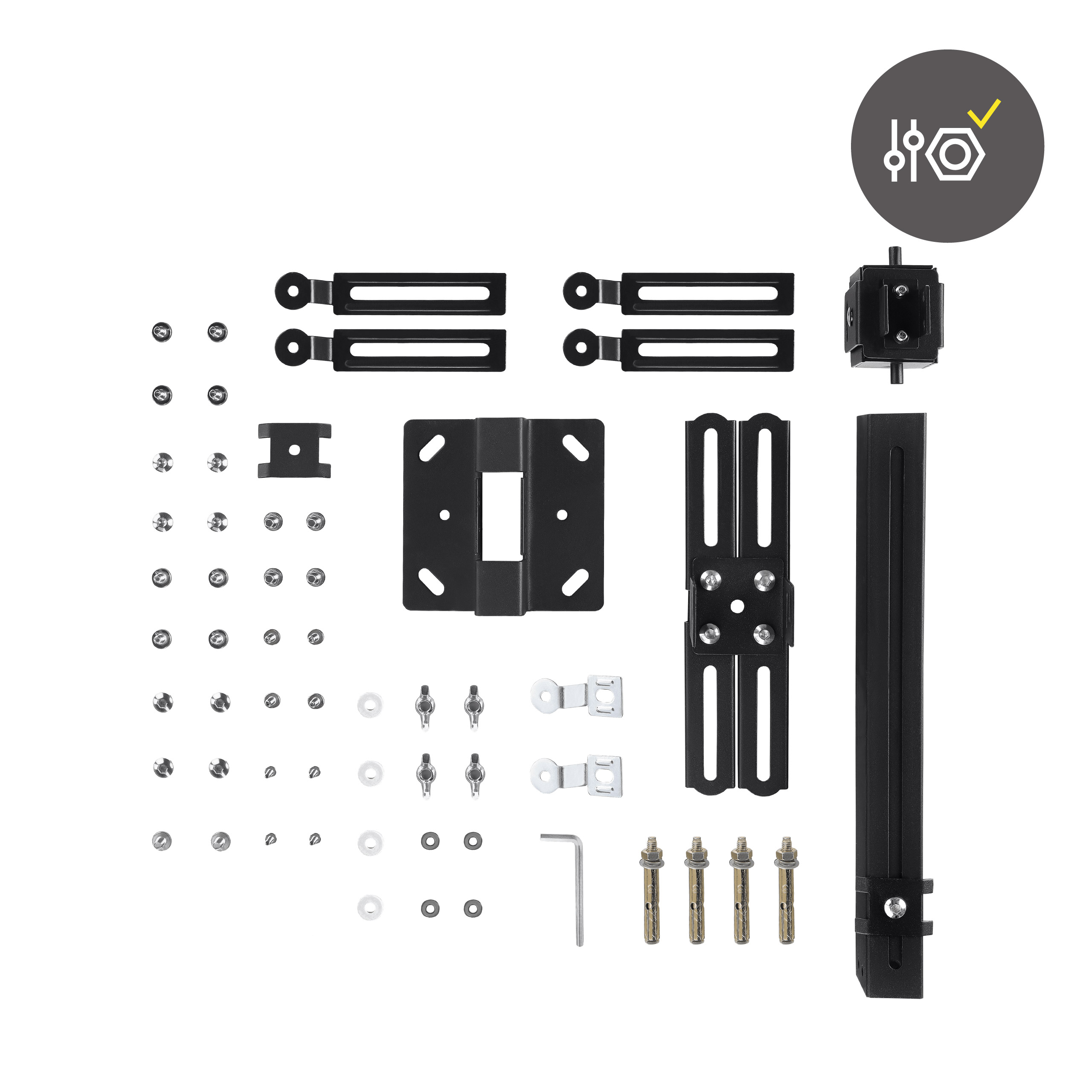 Zbiór elementów montażowych, w tym śrub, wsporników i poziomicy.