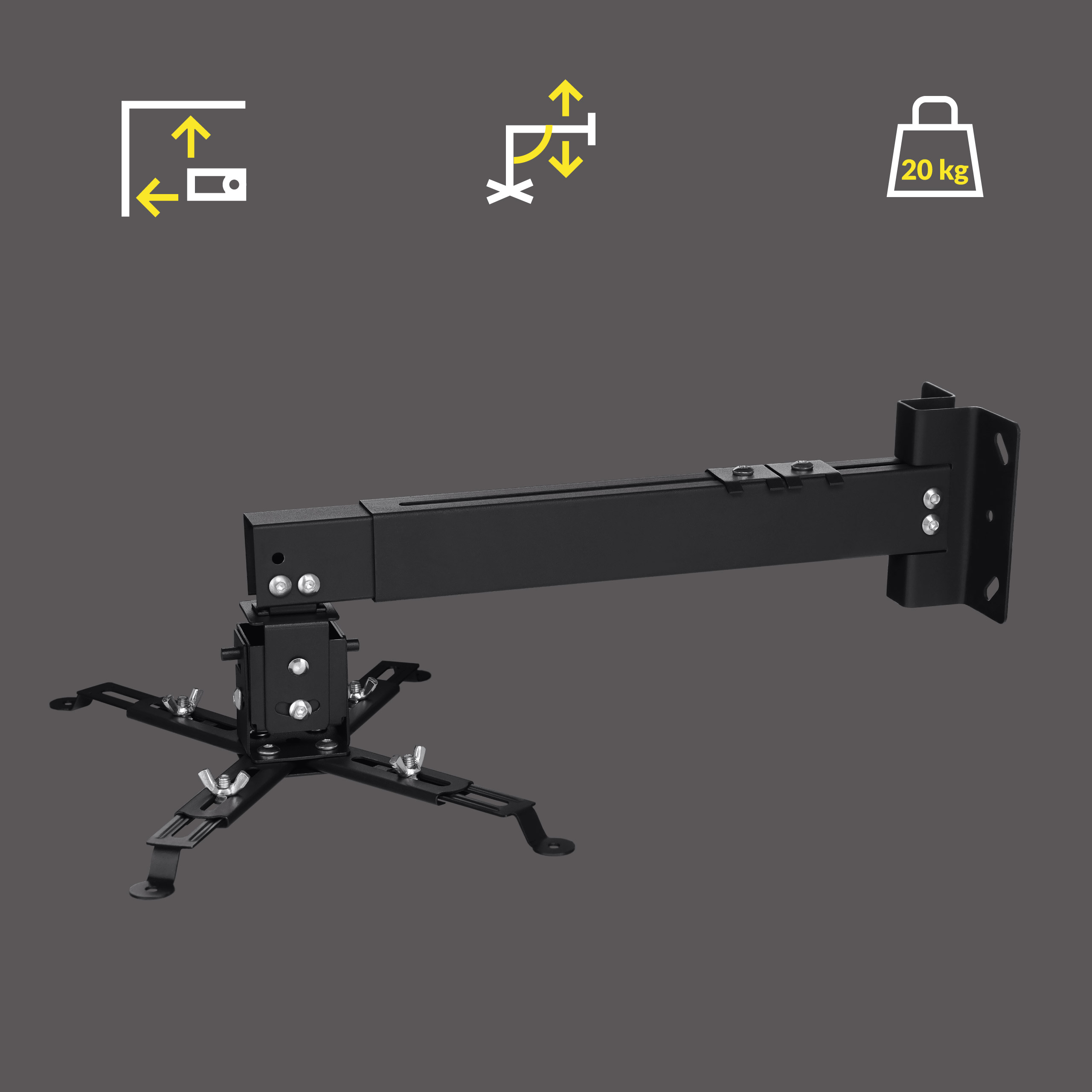 Czarny uchwyt do projektora o nośności 20 kg. Posiada strzałki regulacyjne.