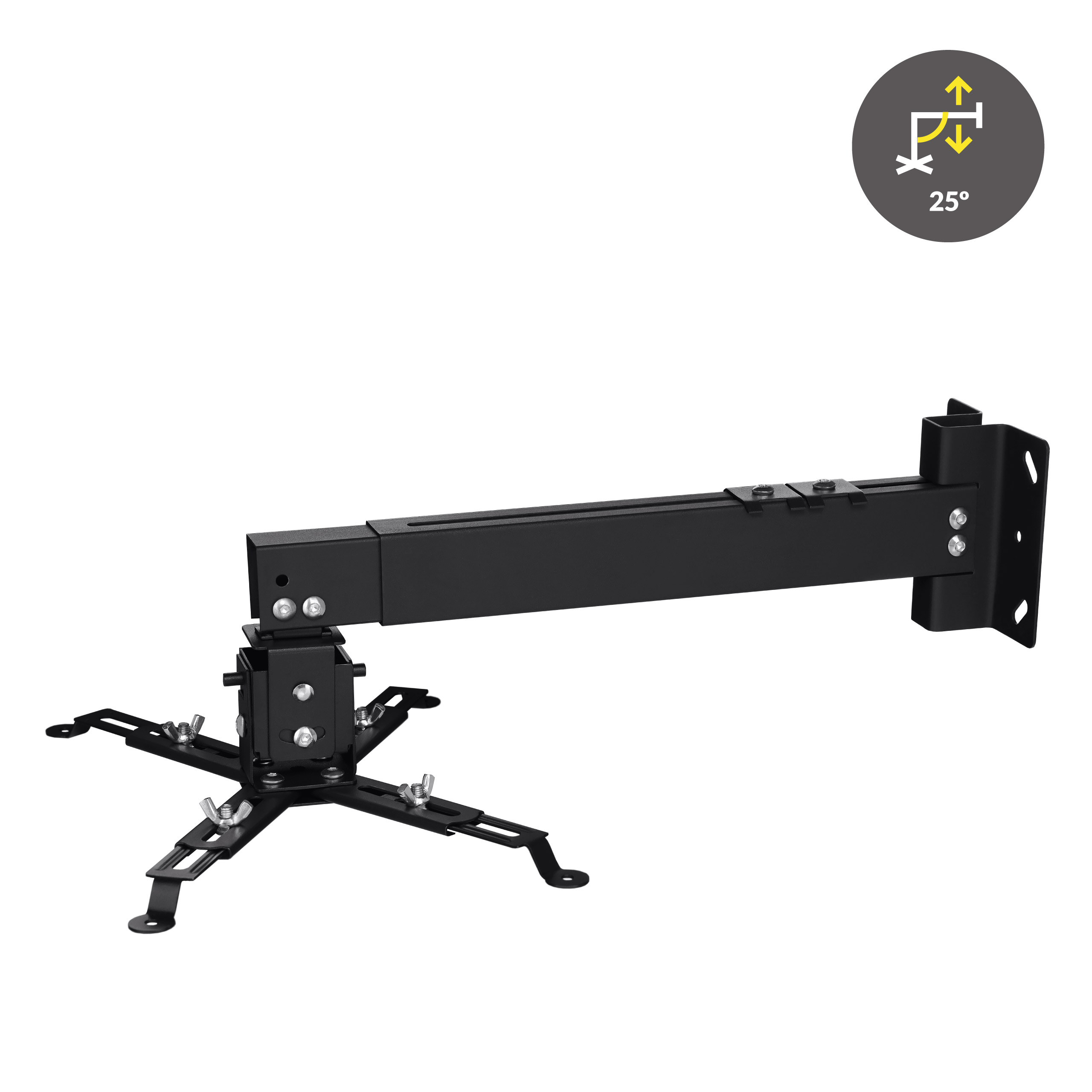 Czarny uchwyt do projektora z regulowanym ramieniem i płytą montażową.