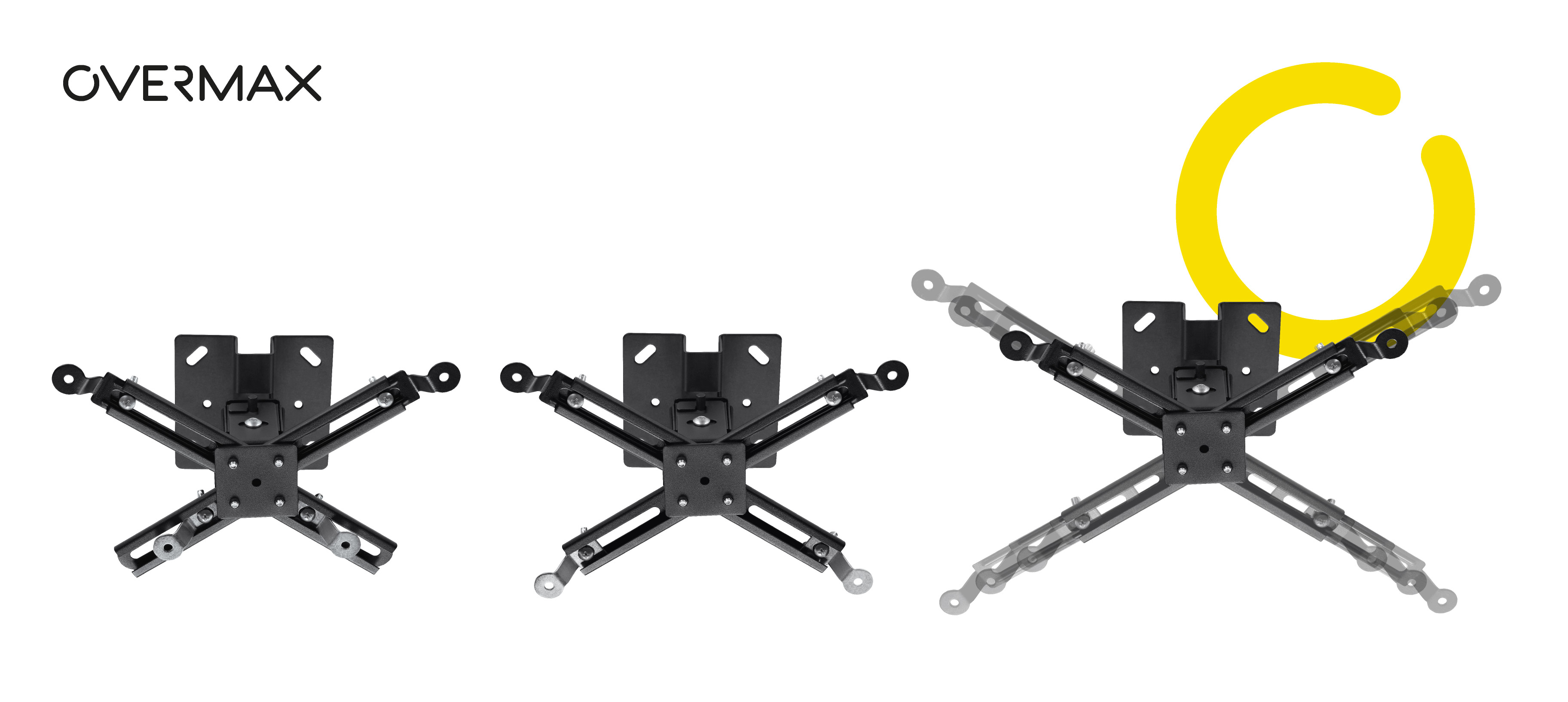 Trzy czarne uchwyty do projektora w rzędzie. Żółte koło wskazuje regulację. Białe tło.