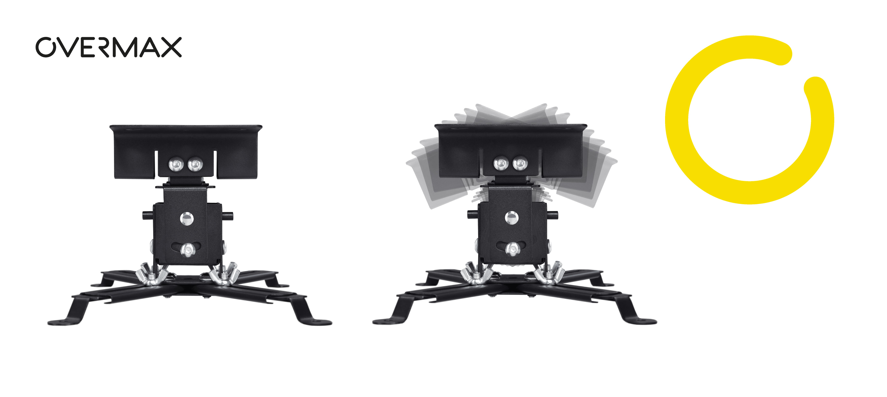 Dwa czarne uchwyty do projektora z regulowanymi pozycjami. Żółte kółko ładowania po prawej stronie.