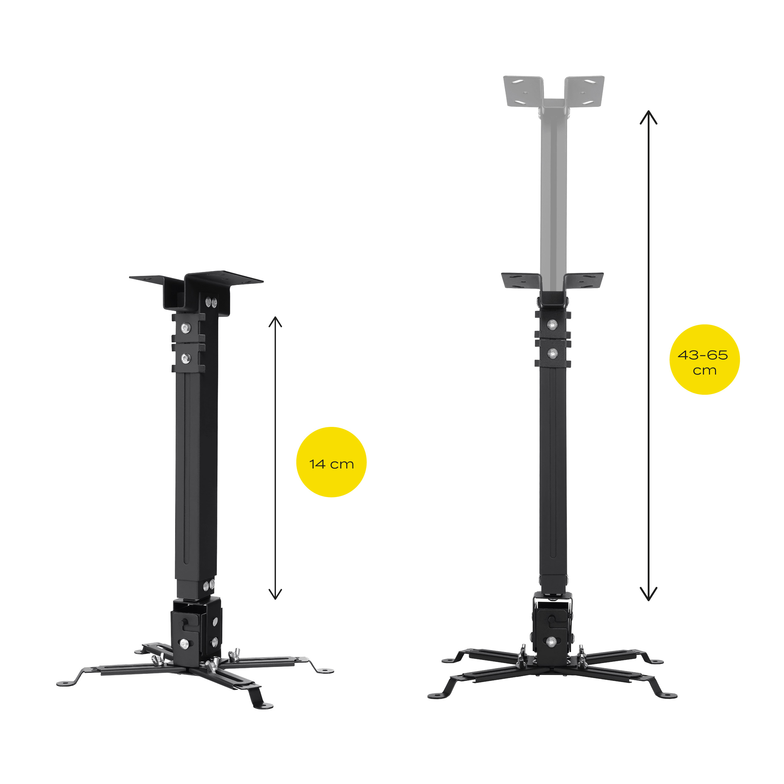 Twee zwarte projectorstatieven met verstelbare hoogte. Eén is 14 cm, de andere verstelt van 43-65 cm.