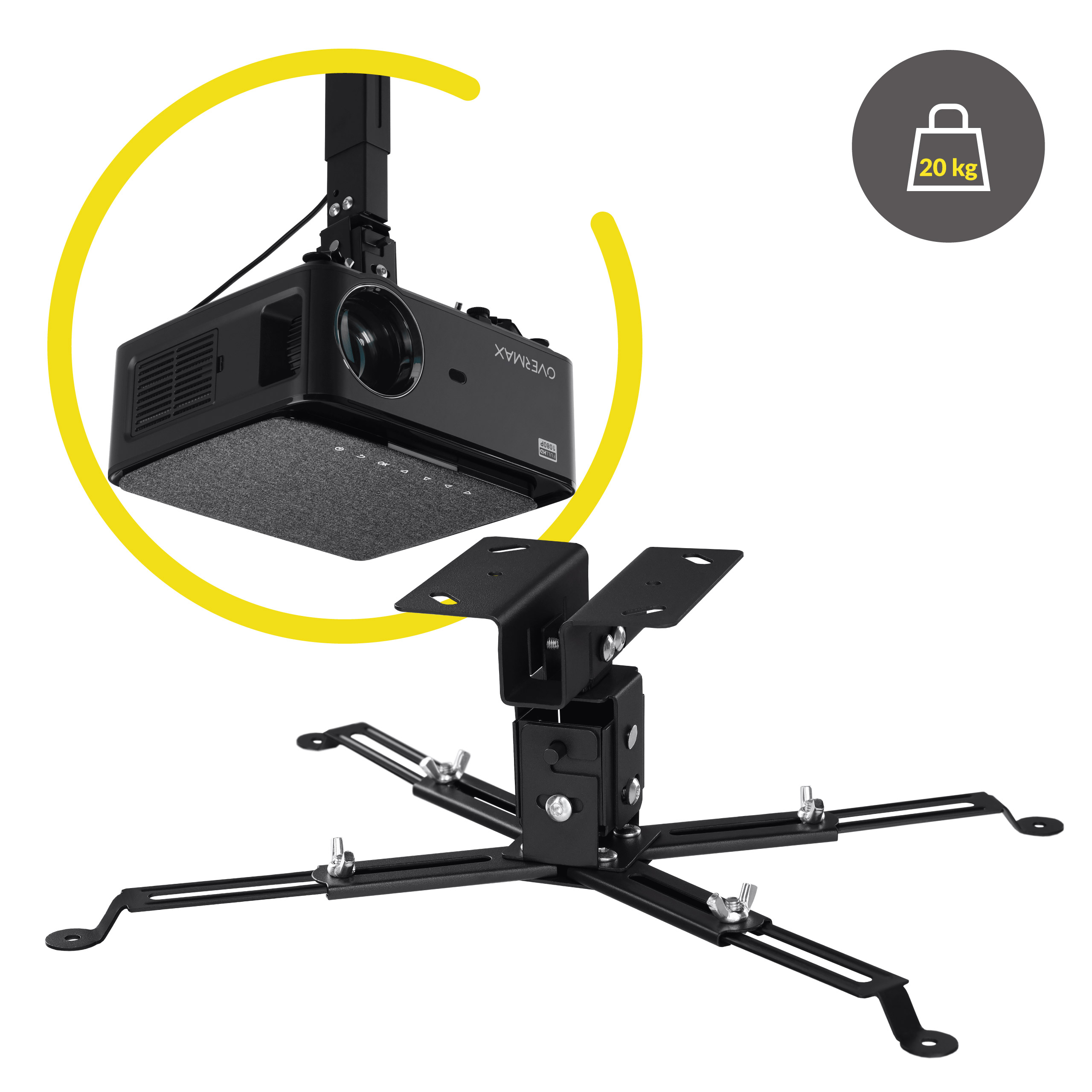 Czarny projektor zawieszony na uchwycie. Uchwyt jest przymocowany do żółtego koła. Obecna jest etykieta 20 kg.