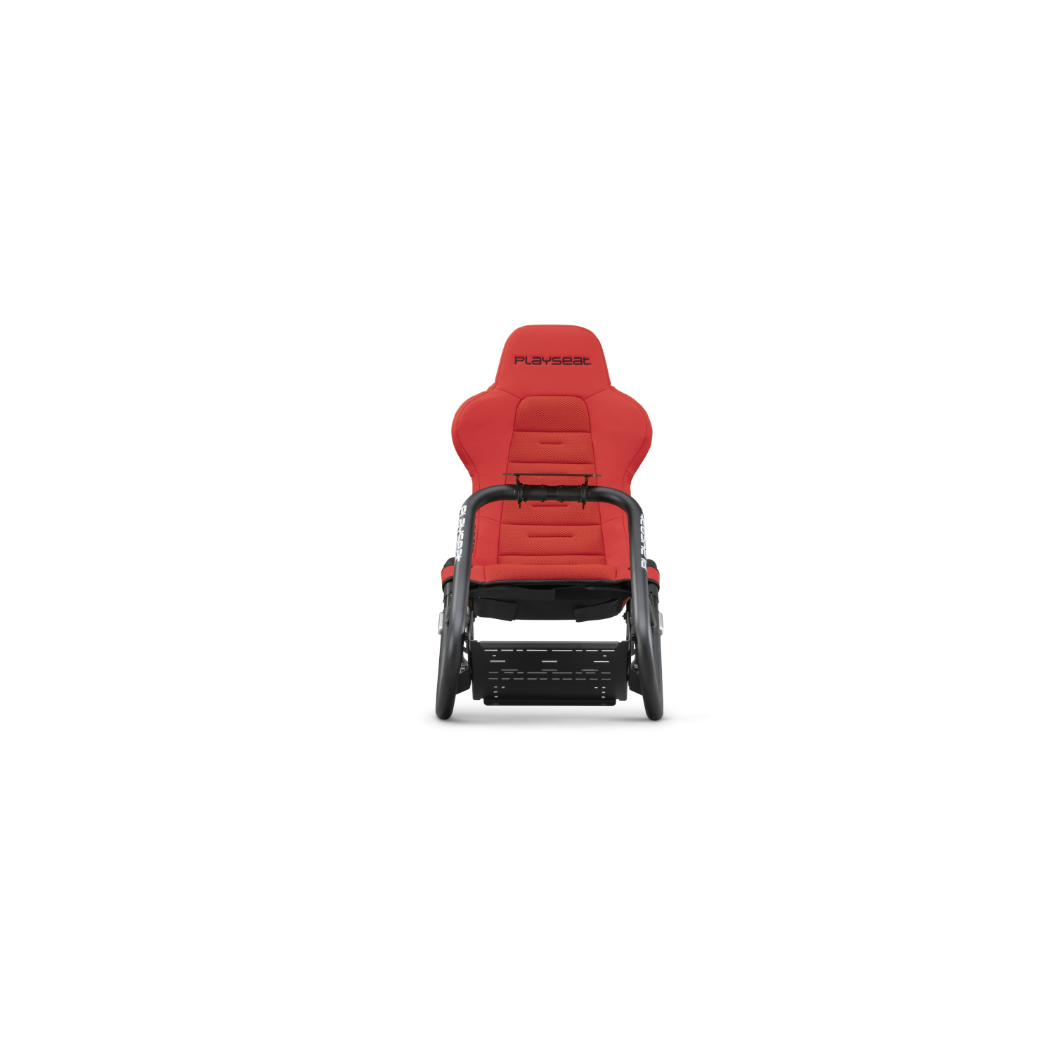 Siège de simulateur de course rouge. Le siège a des accents noirs. PLAYSEAT sur l'appuie-tête.