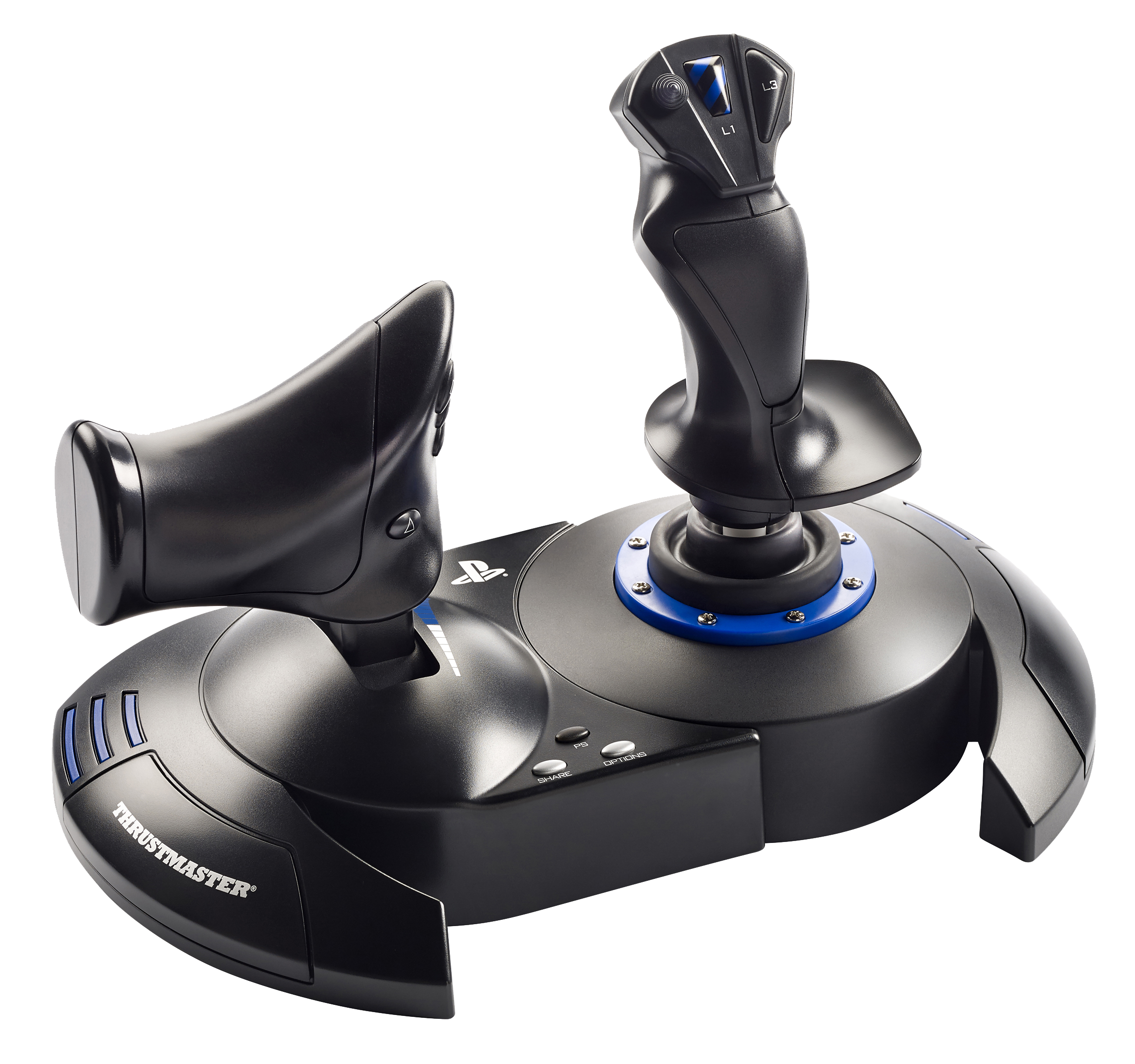 Czarny joystick z podstawą i dodatkowym kontrolerem, z logo Thrustmaster i niebieskimi akcentami.