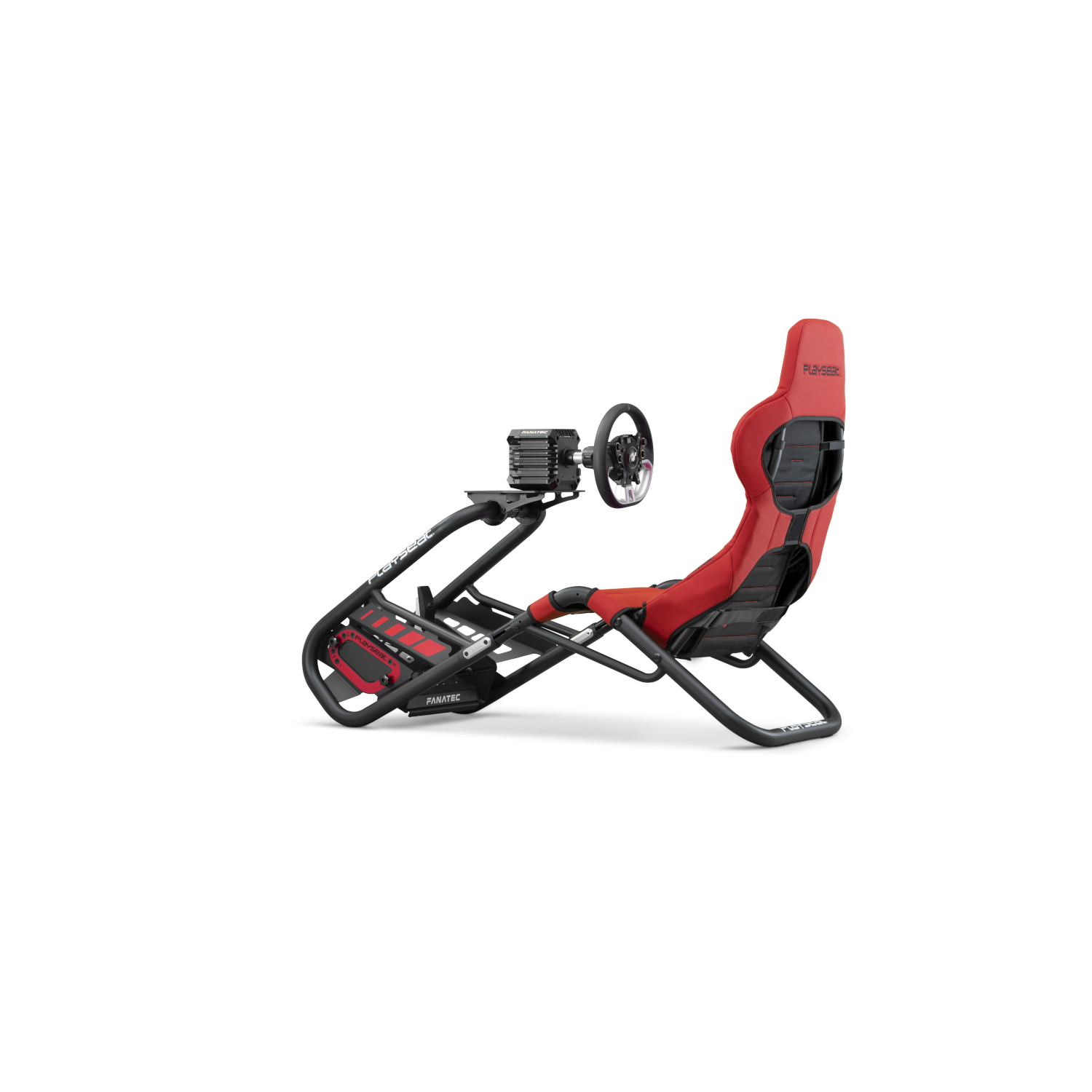 Un simulateur de course rouge et noir avec volant, siège et pédales.