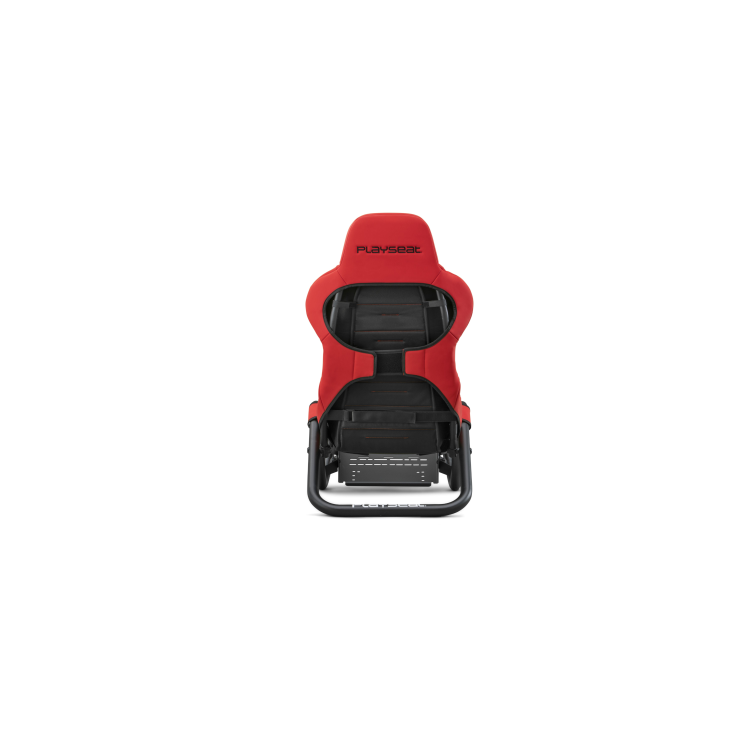 Chaise de jeu de course rouge sur fond blanc. Cadre et dossier noirs.