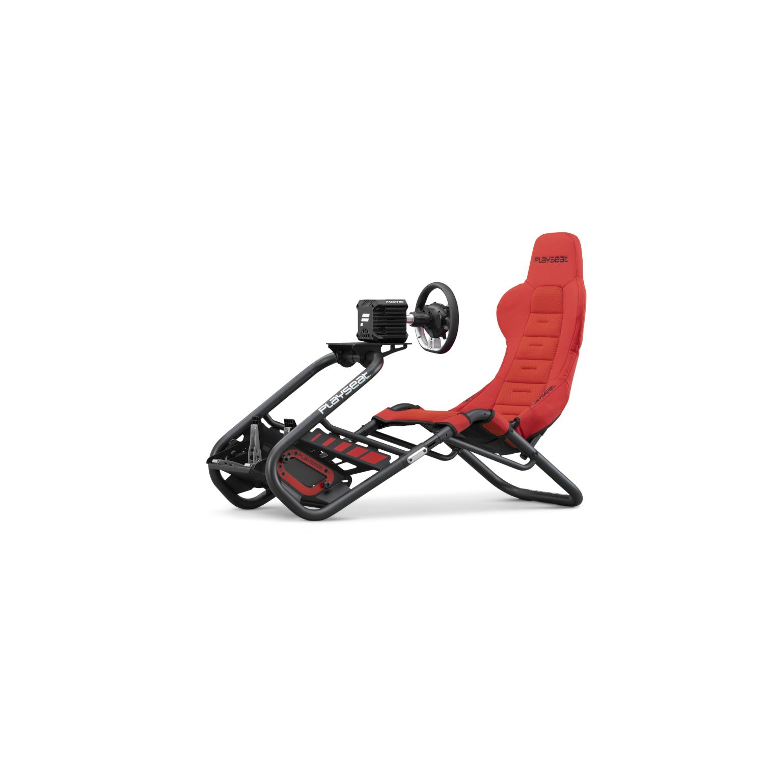 Siège de course rouge avec cadre noir et volant.