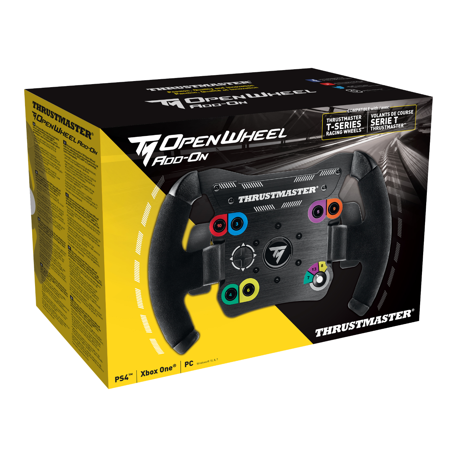 Czarno-żółte pudełko Thrustmaster Open Wheel Add-On z kierownicą.
