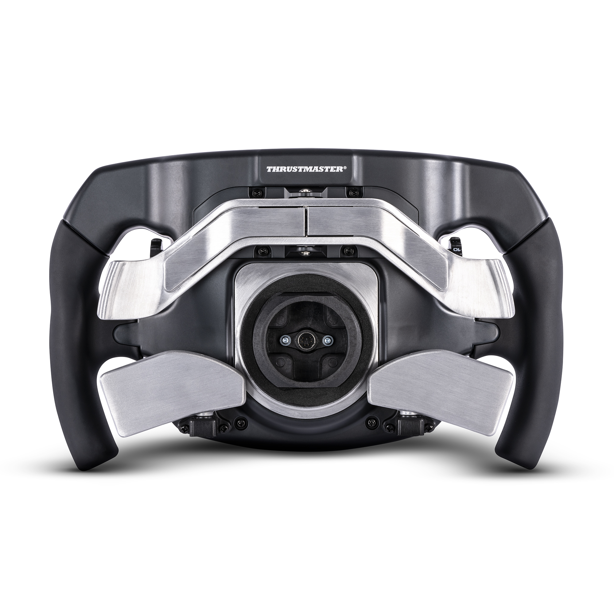 Czarno-srebrna kierownica wyścigowa, szczegółowy widok, na białym tle.