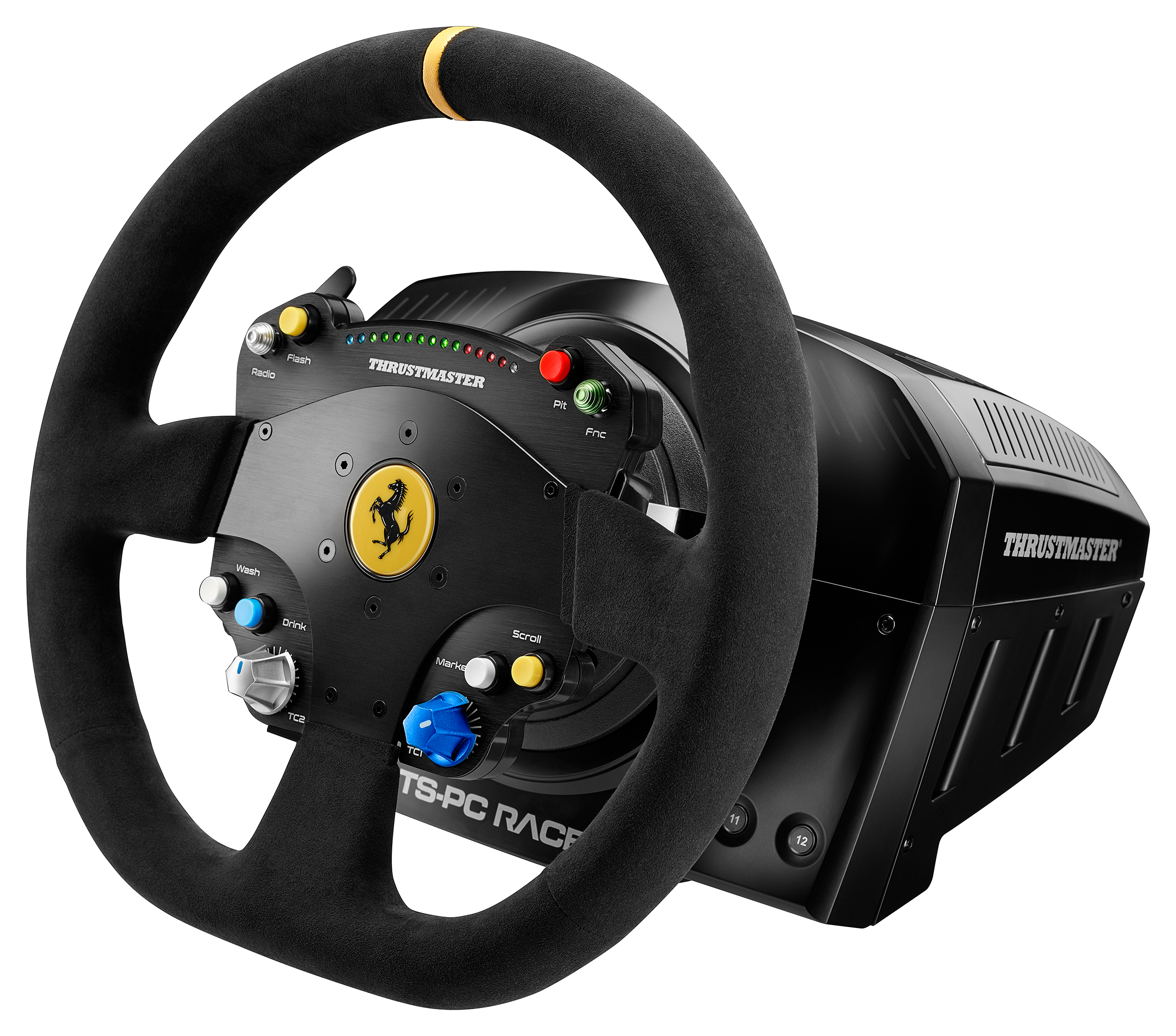 Czarna i srebrna kierownica wyścigowa Thrustmaster Ferrari z przyciskami, na białym tle.