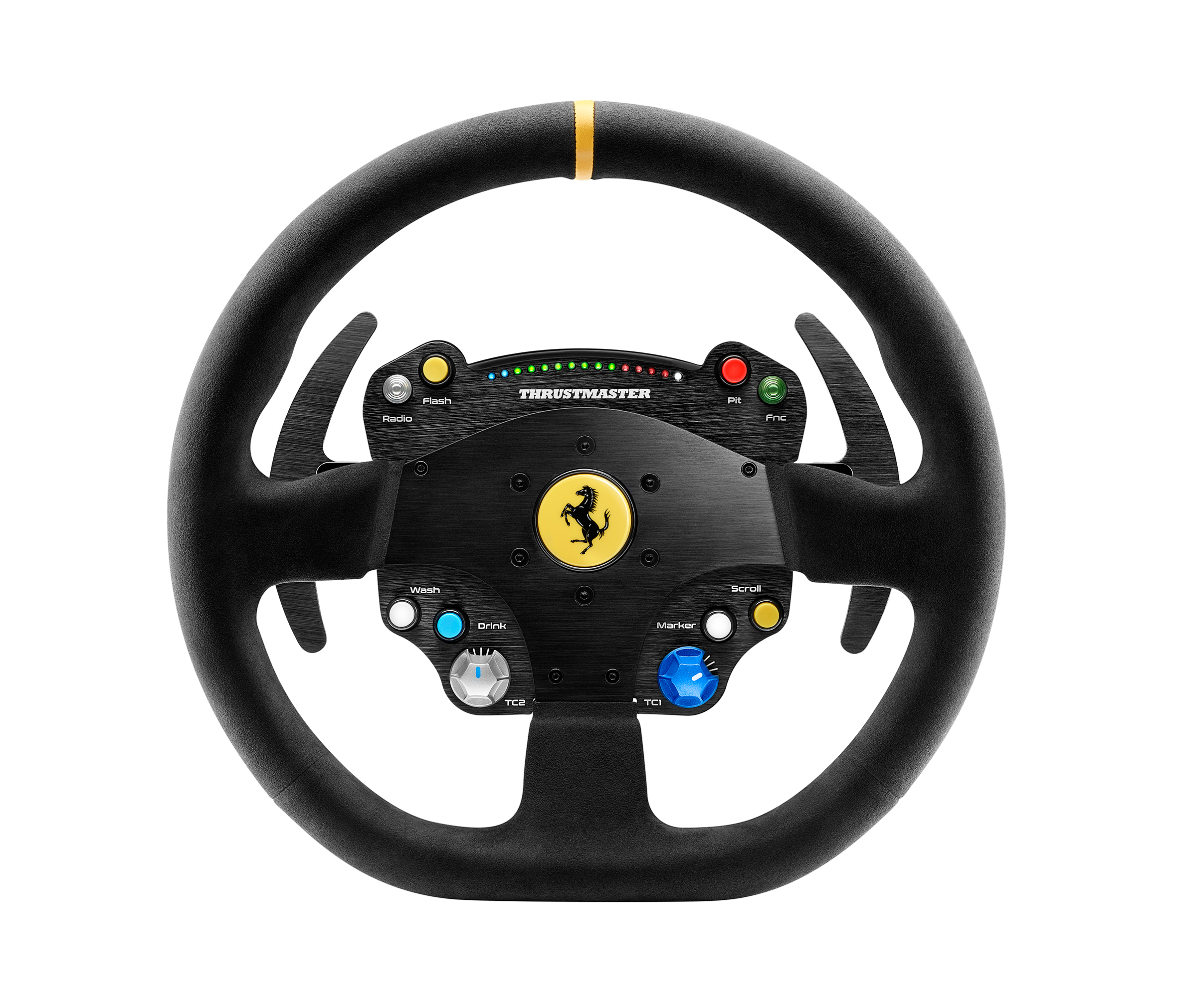 Czarna kierownica Thrustmaster Ferrari z przyciskami, pokrętłami i żółtym paskiem u góry.