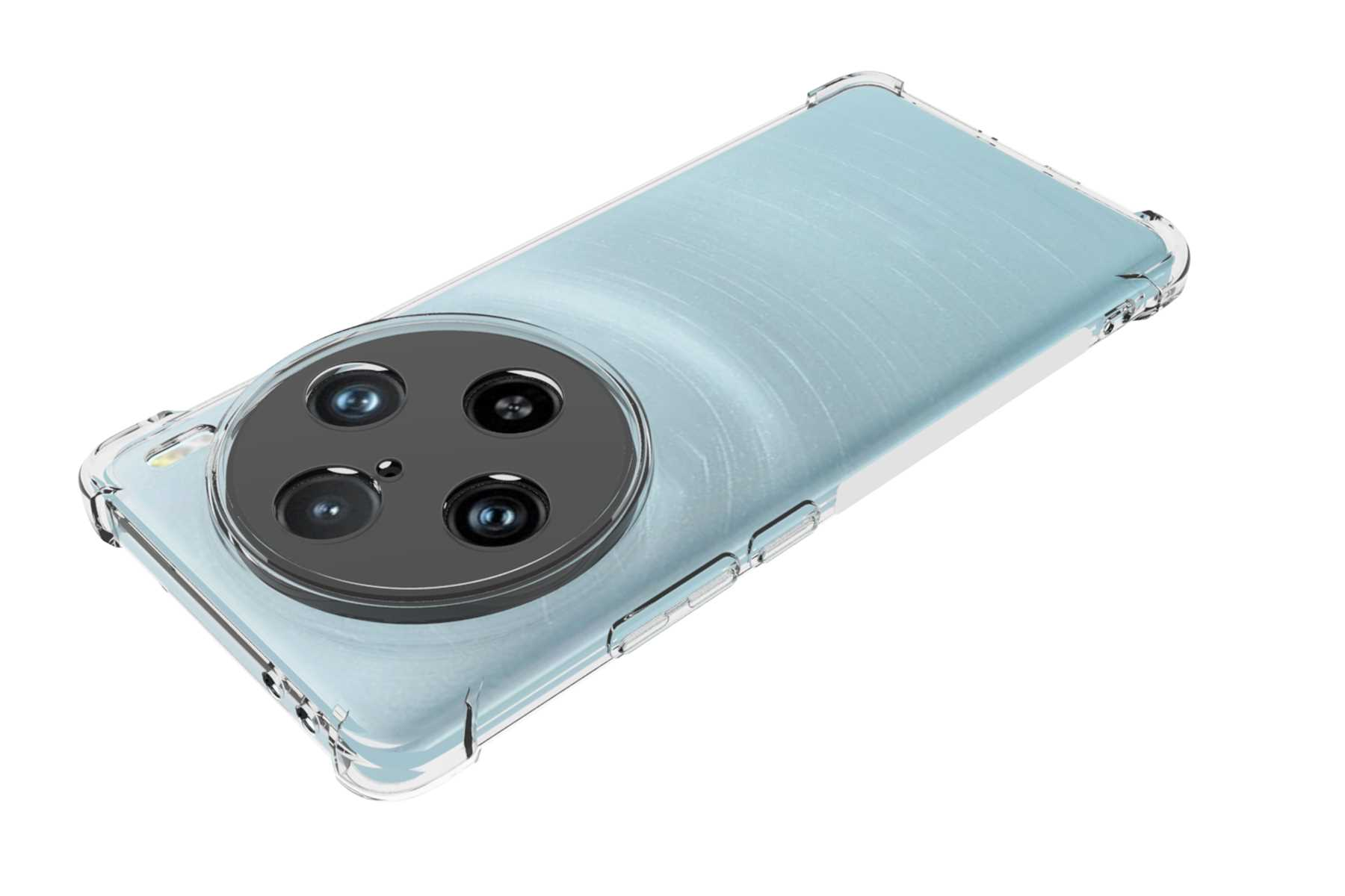 Telefon mit durchsichtiger Hülle. Das Telefon hat vier Kameras.