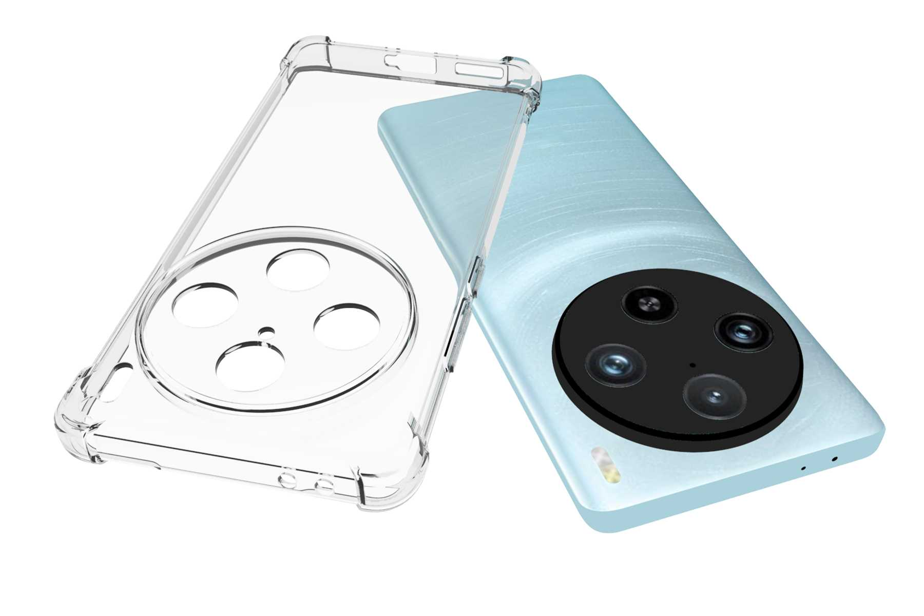 Eine transparente Handyhülle neben einem hellblauen Handy mit Kameramodul.