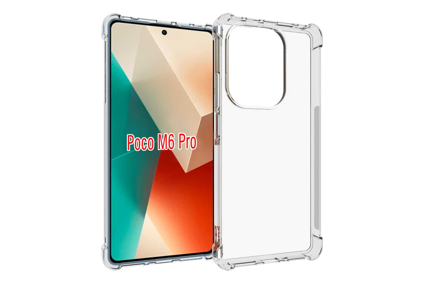 Eine transparente Handyhülle liegt neben einem Telefon. Das Telefon hat einen Bildschirm mit Text und farbigem Hintergrund.