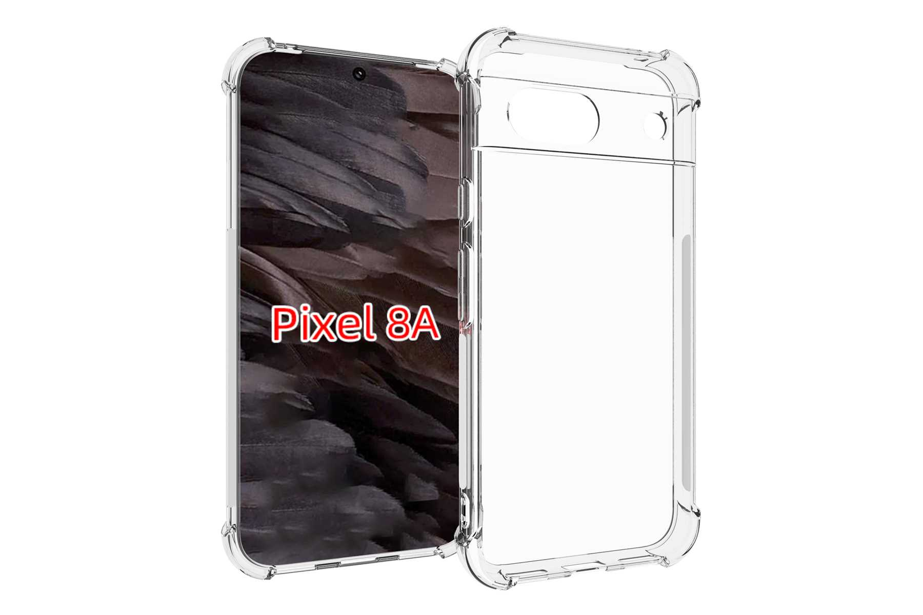 Transparente Handyhülle mit einem Pixel 8A beschrifteten Telefon. Weißer Hintergrund.