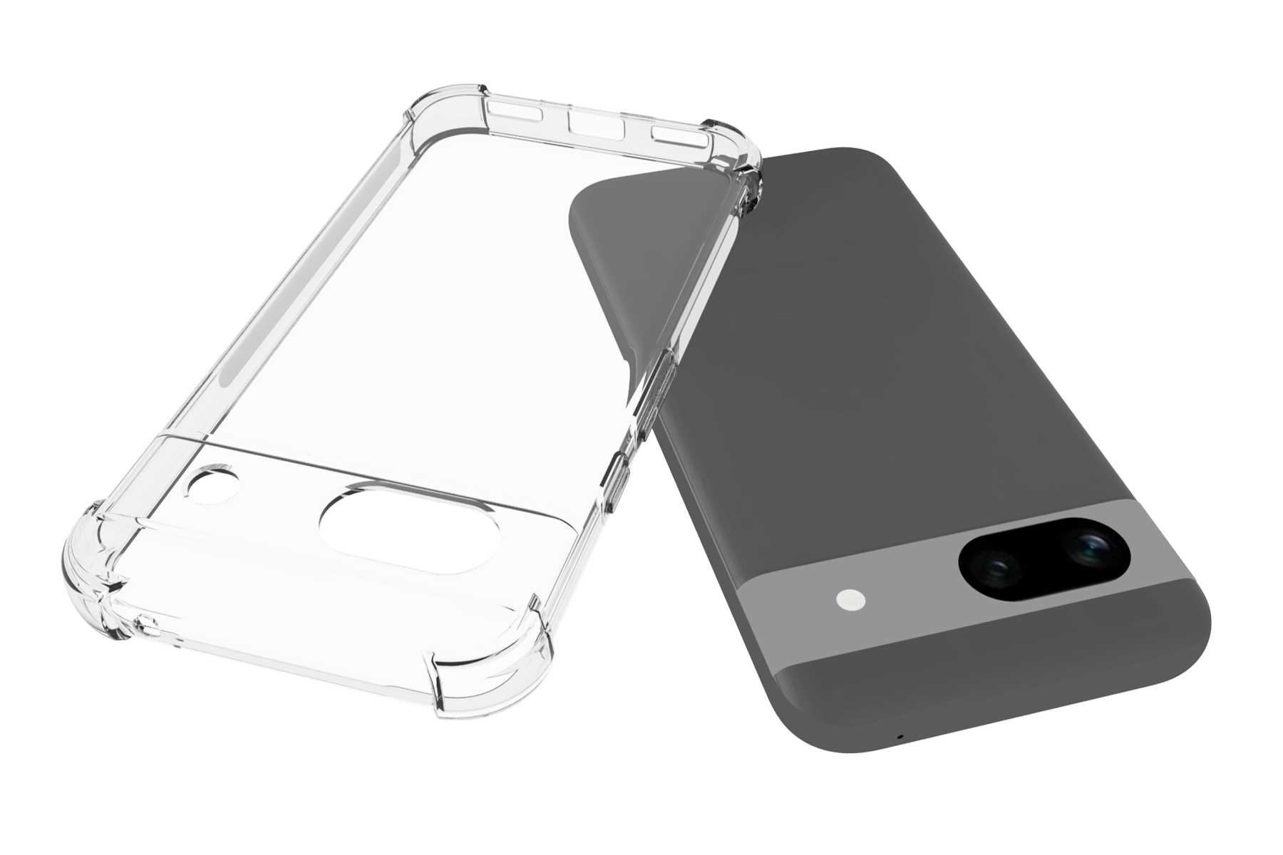 Eine transparente Handyhülle neben einem grauen Telefon, isoliert auf weißem Hintergrund.