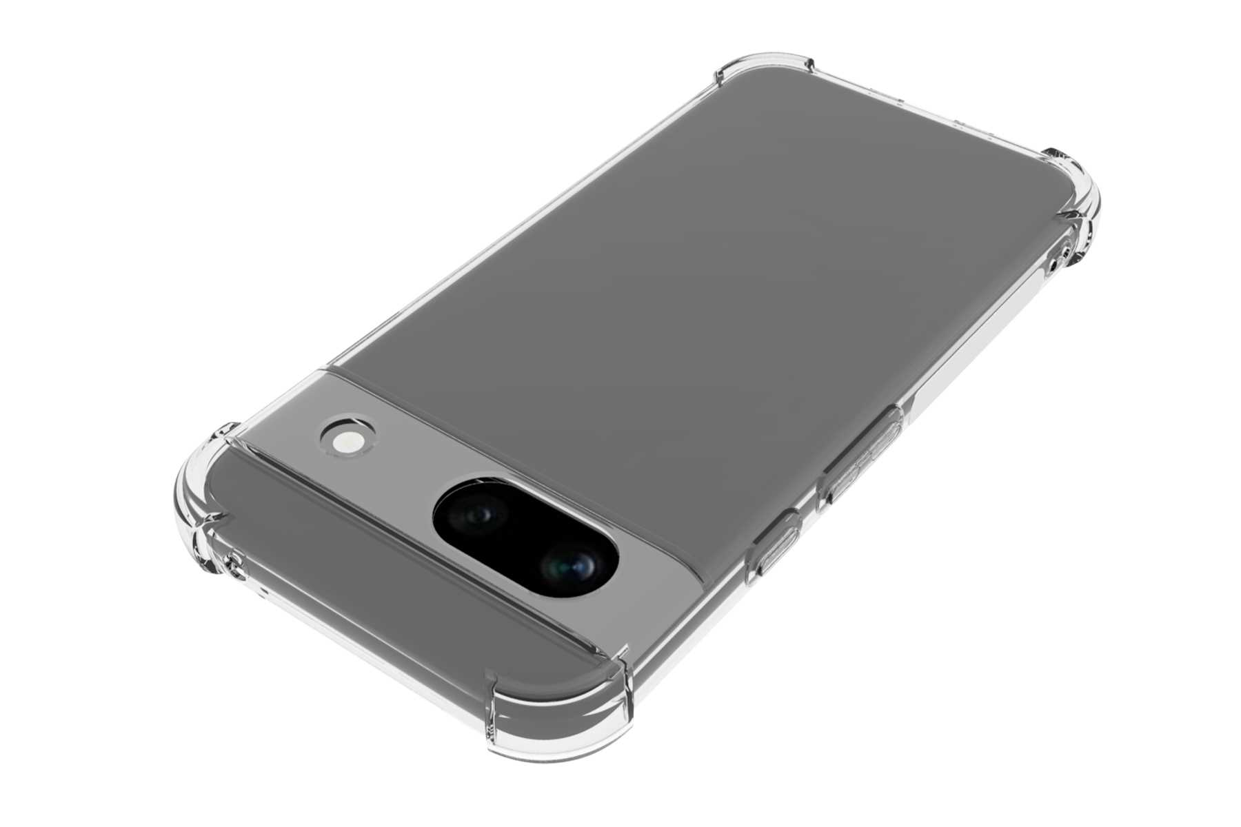 Eine transparente Handyhülle auf einem Telefon, leicht angewinkelt.