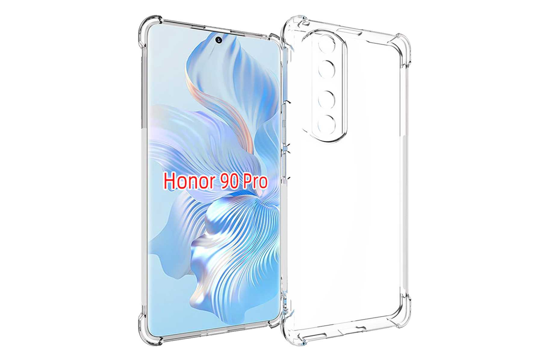 Eine transparente Handyhülle um ein Handy mit dem Text 'Honor 90 Pro'.