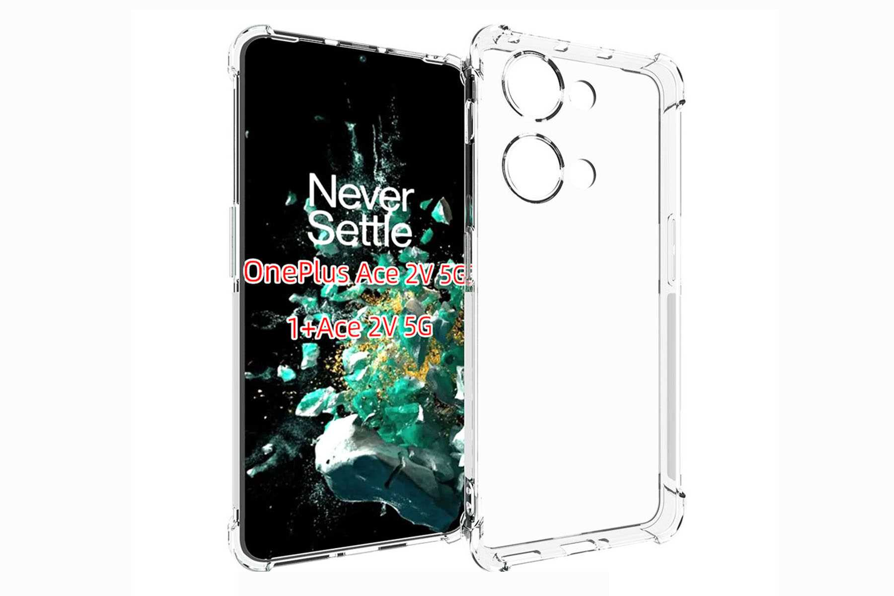 Transparente Handyhülle auf weißem Hintergrund. Ein Telefon mit schwarzem Bildschirm ist darin.