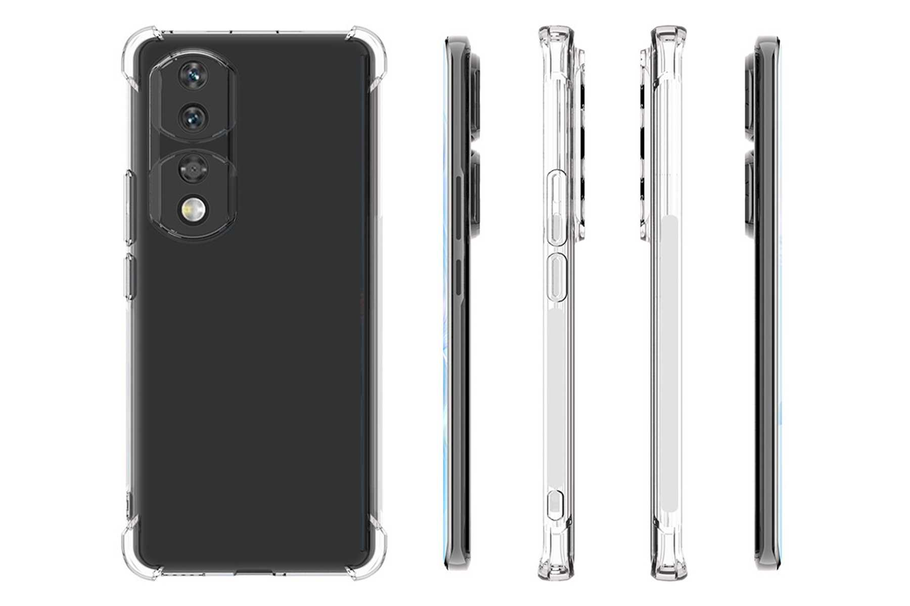 Smartphone in transparentem Gehäuse, Seiten- und Rückansicht.