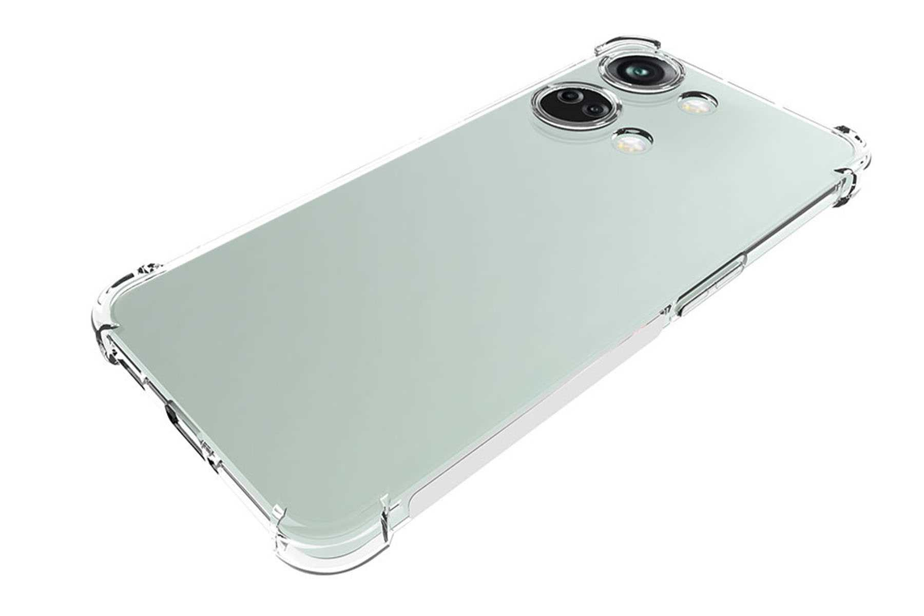 Transparente Handyhülle, bedeckt ein grünes Telefon. Die Kameralinsen sind sichtbar.