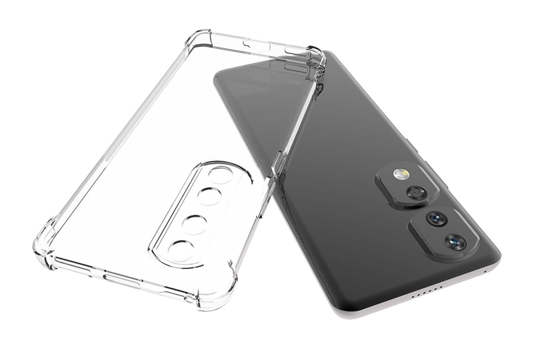 Eine durchsichtige Handyhülle mit einem Handy darin. Das Handy ist schwarz mit mehreren Kameras.