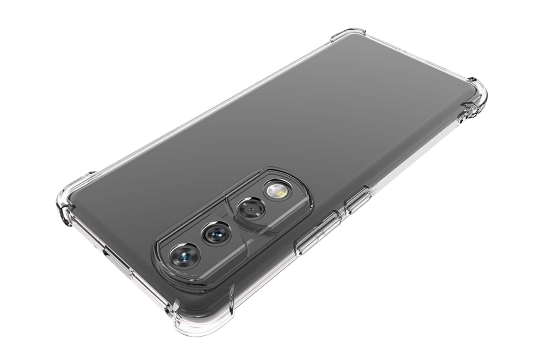 Transparente Handyhülle mit einem Telefon. Das Telefon hat Kameras. Schräge Ansicht.