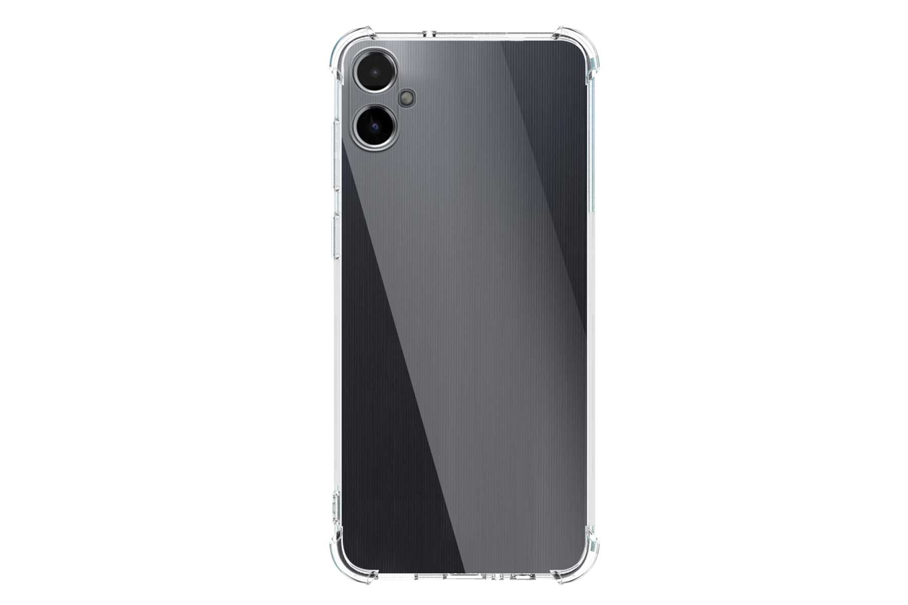 Transparente Handyhülle mit Telefon darin, auf weißem Hintergrund.