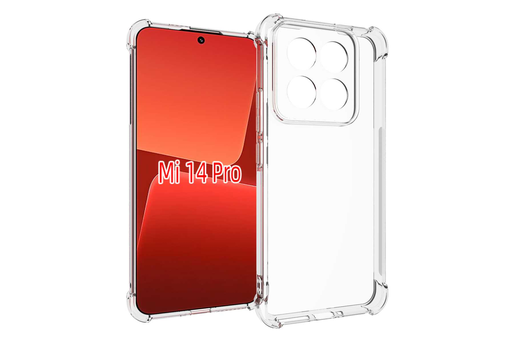 Transparente Handyhülle auf rotem Handy. Auf dem Handy steht Mi 14 Pro. Weißer Hintergrund.