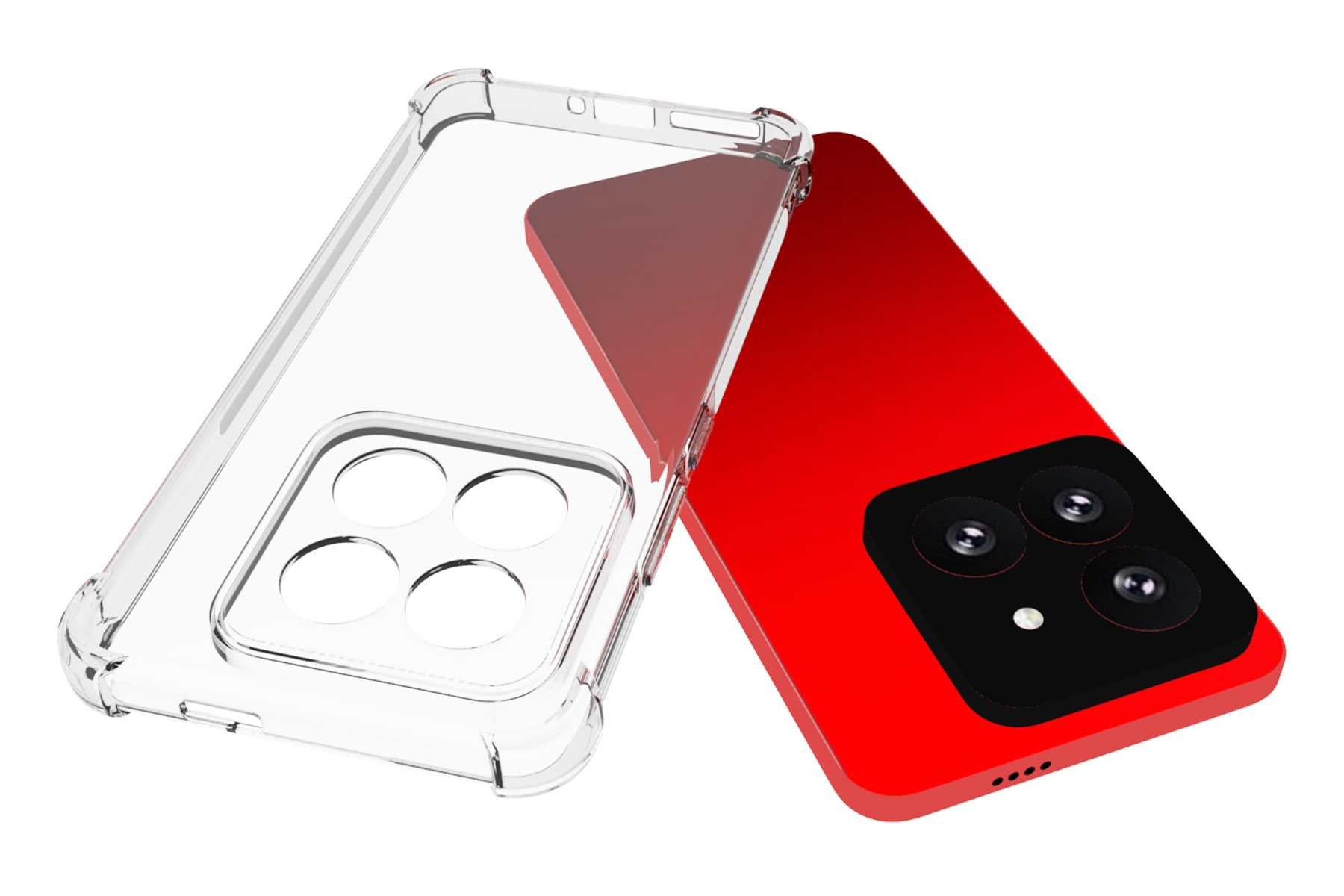 Ein rotes Telefon mit einer durchsichtigen Hülle daneben. Das Telefon hat ein Kameramodul und ist geöffnet, die Hülle abgenommen.