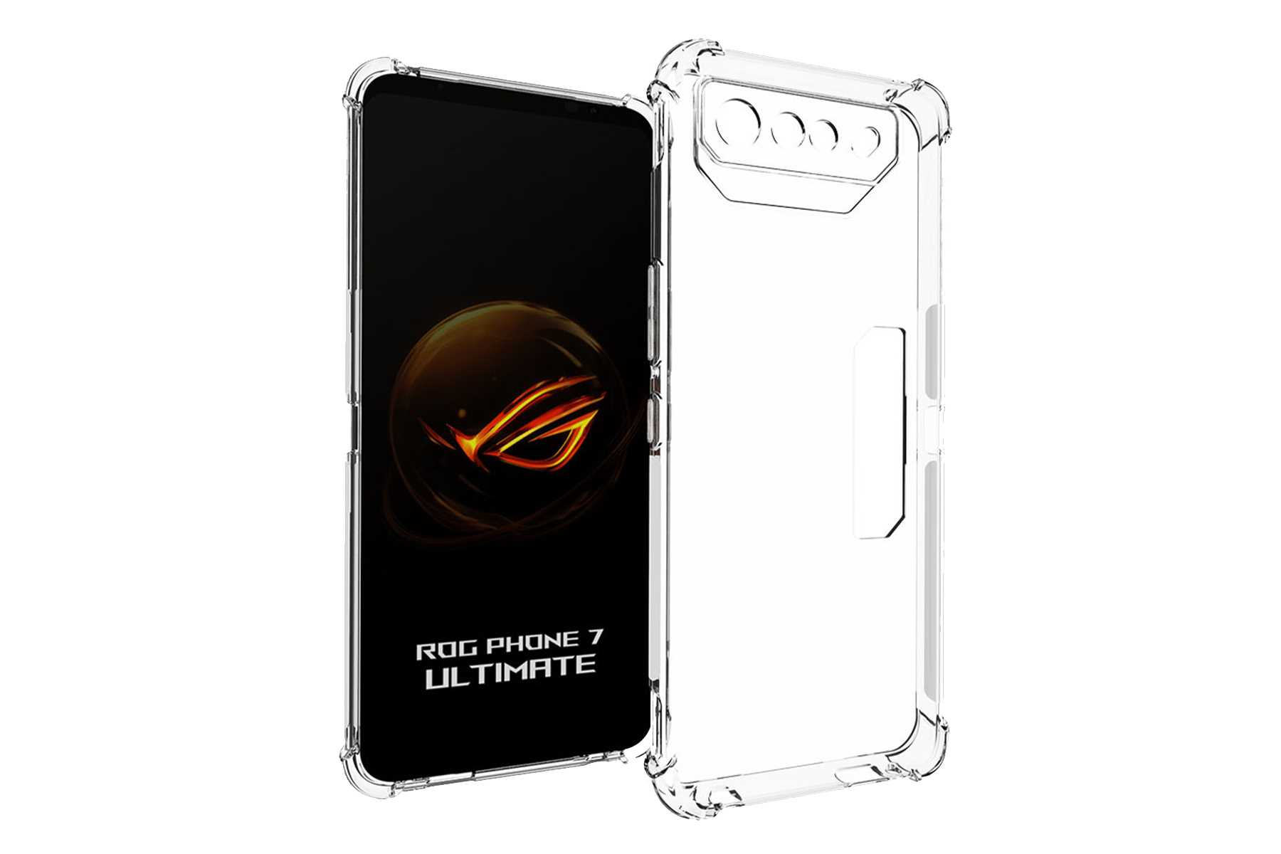 Eine transparente Handyhülle neben einem Telefon. Das Telefon zeigt ein Bild mit Text: ROG PHONE 7 ULTIMATE.