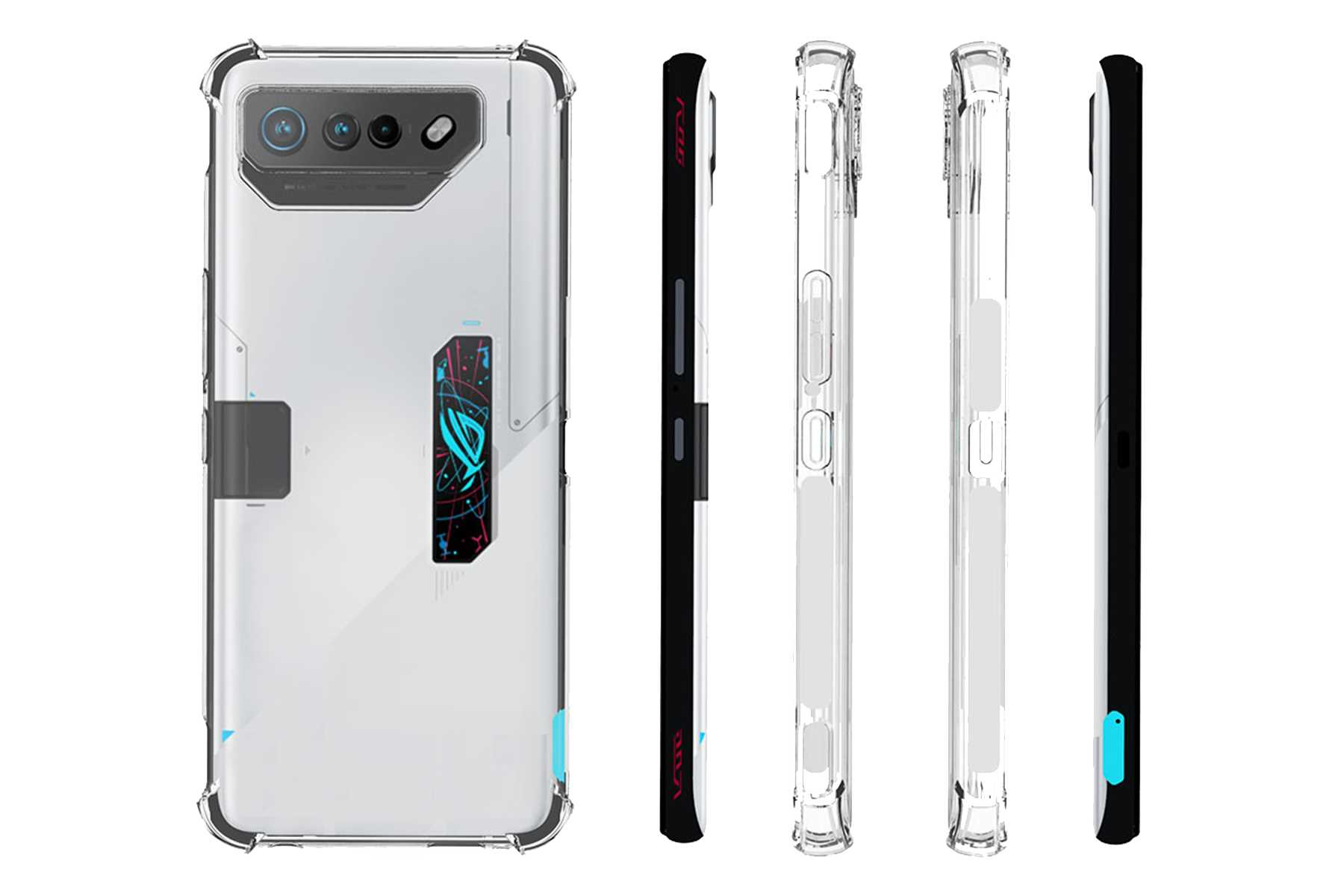 Eine Smartphone-Hülle mit Design auf der Rückseite und Seitenansichten. Klare und schwarze Farben.