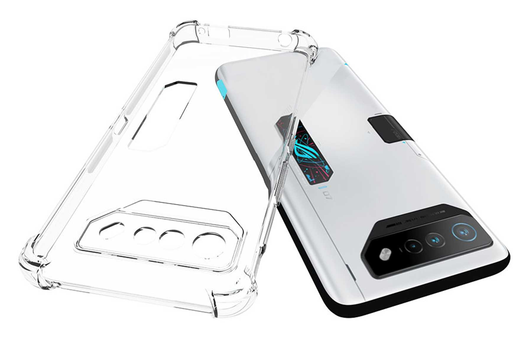 Eine durchsichtige Handyhülle neben einem weißen Telefon. Das Telefon hat eine schwarze Kameraleiste, die Hülle ist transparent.
