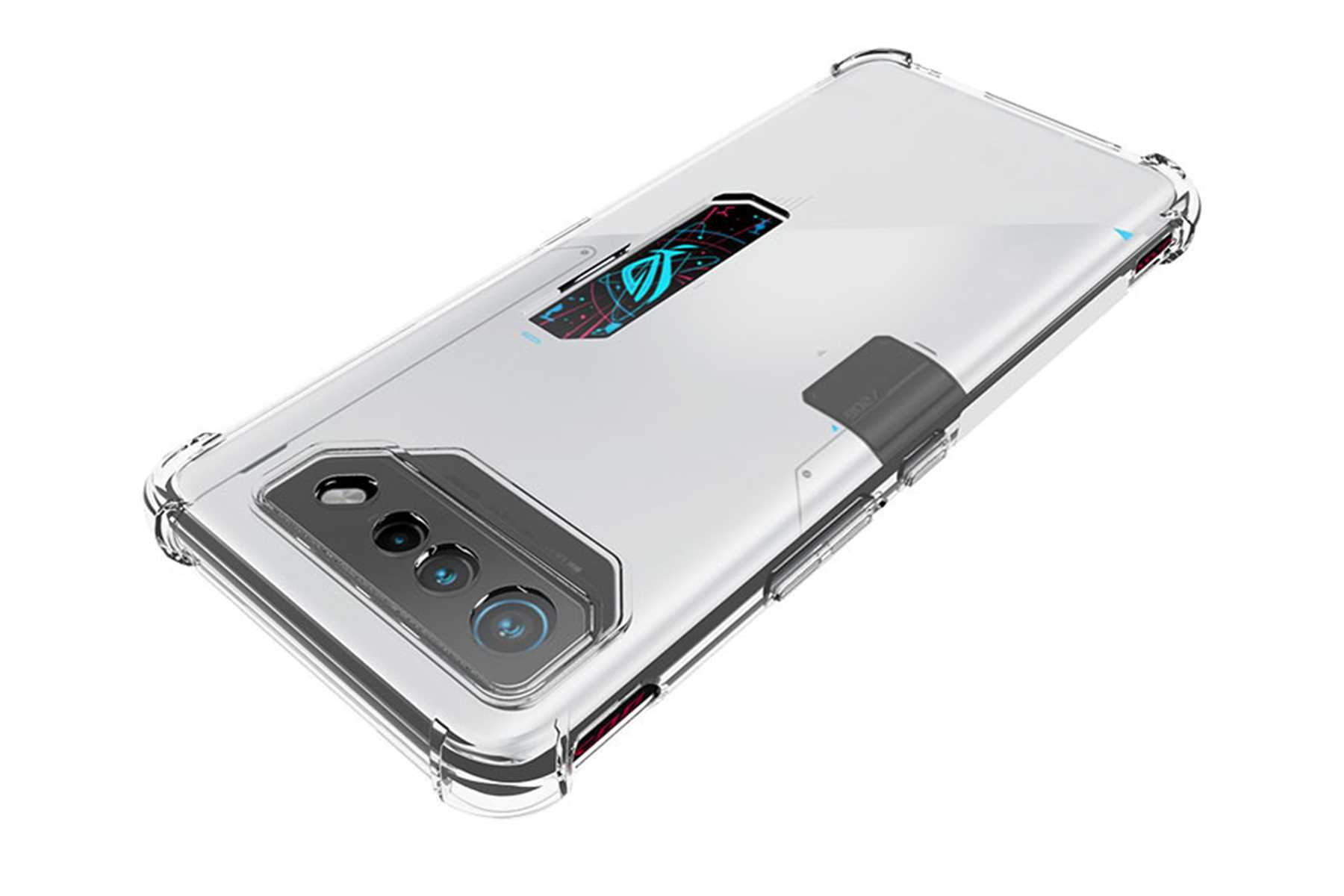 Eine weiße Handyhülle über einem silbernen Telefon mit Kamera und Logo.