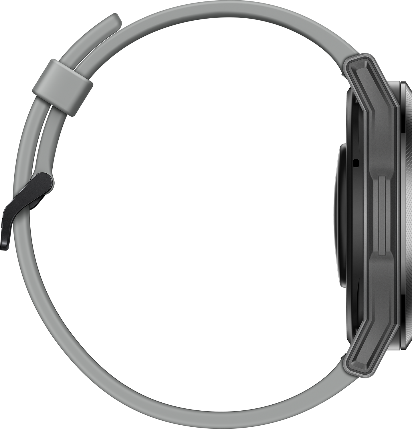 Seitenansicht einer Smartwatch mit grauem Armband auf schwarzem Hintergrund.