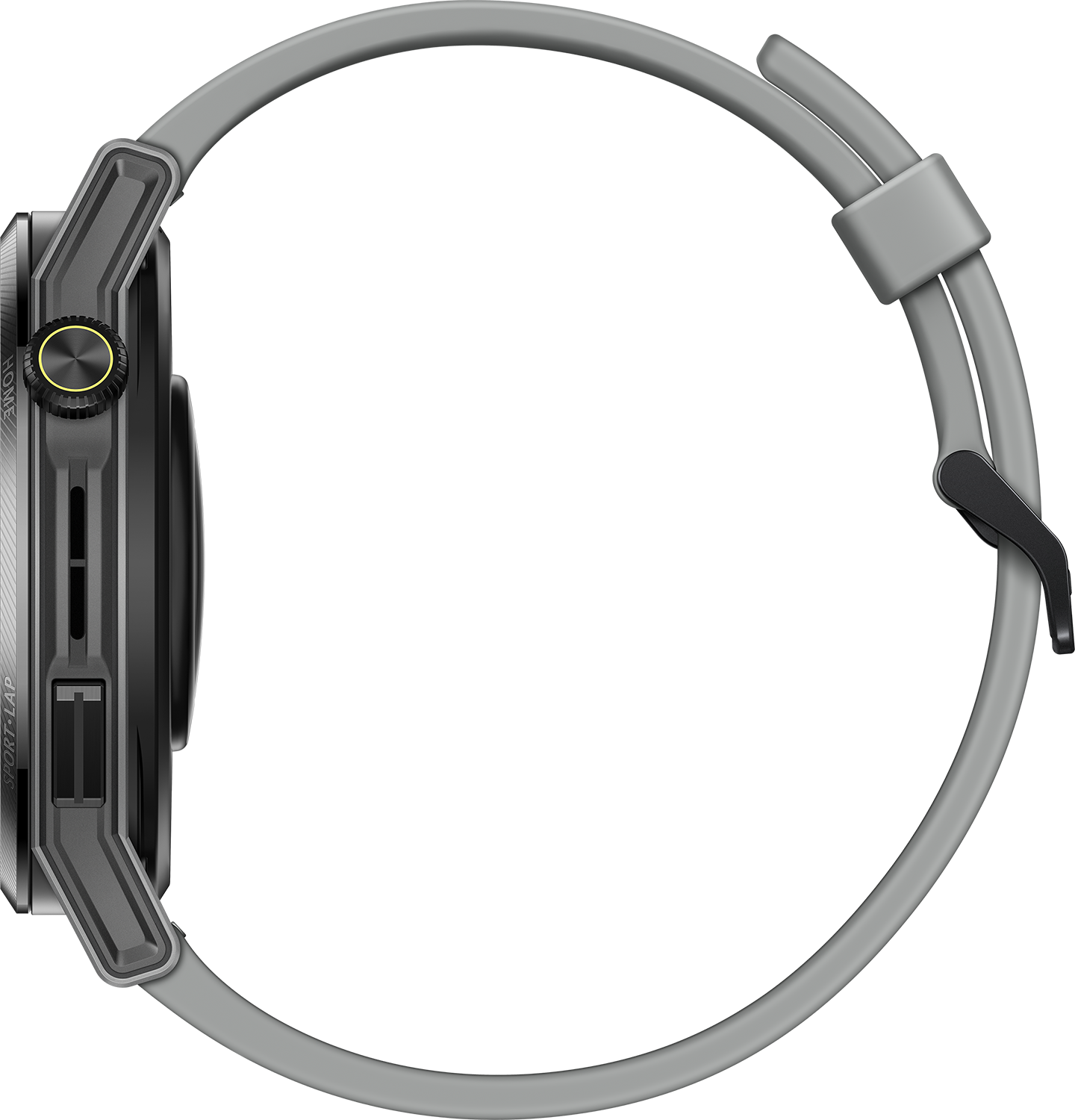 Seitenansicht einer grauen Smartwatch mit grauem Armband.