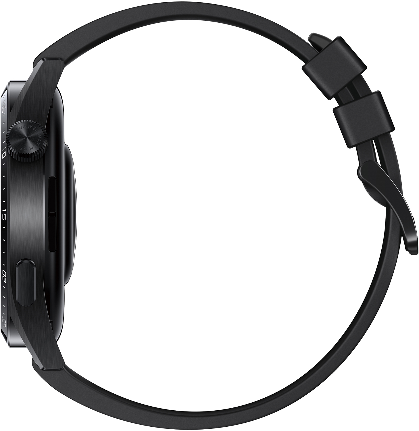 Schwarze Smartwatch mit schwarzem Band. Der Bildschirm ist dunkel.