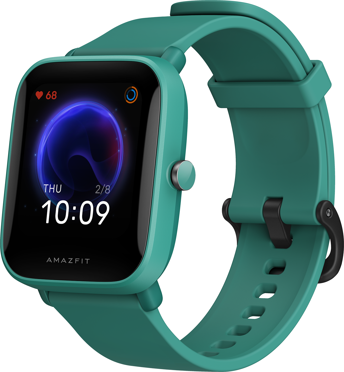 Uno smartwatch verde acqua con cardiofrequenzimetro e visualizzazione dell'ora. Anche il cinturino è verde acqua.