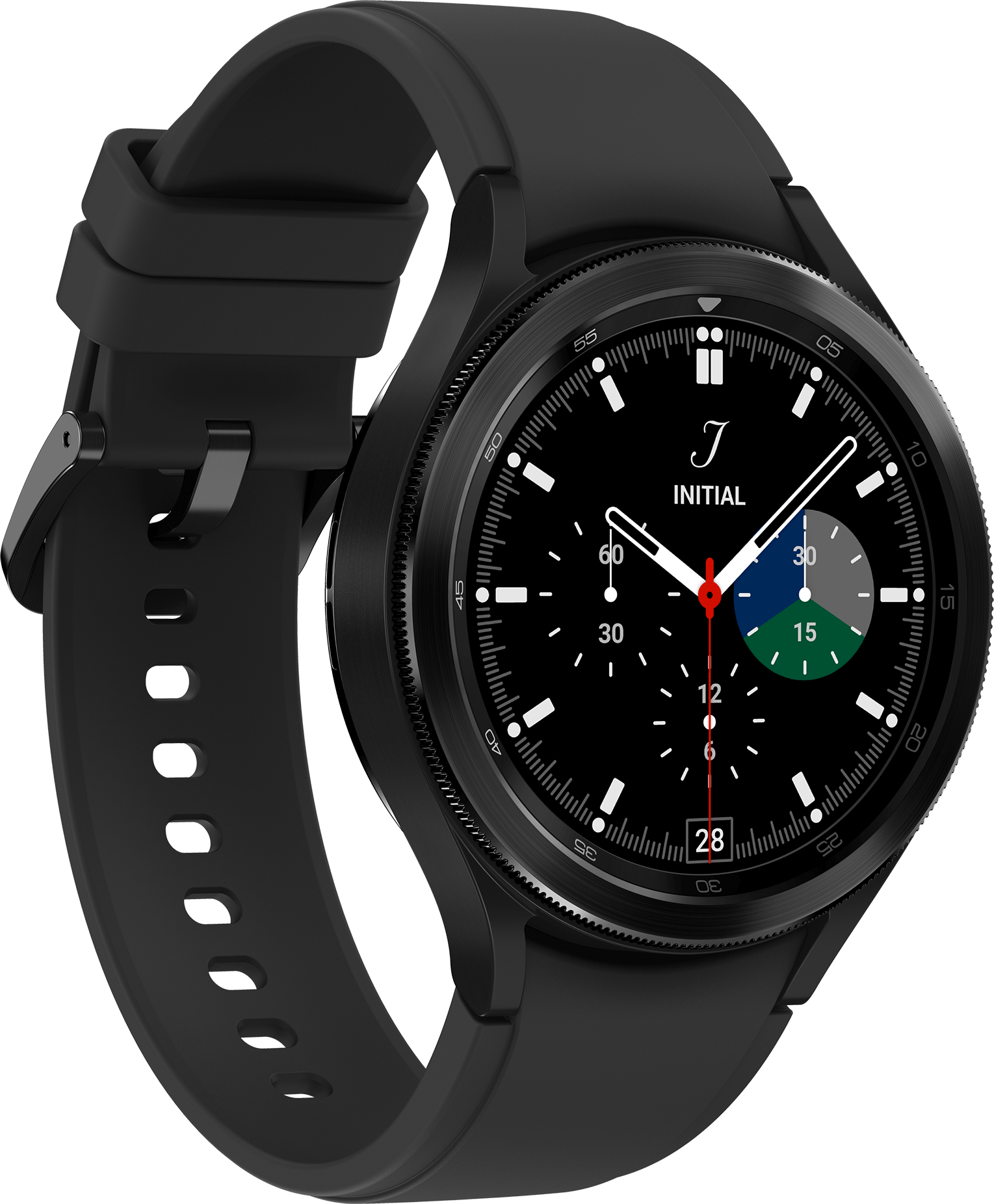 Schwarze Smartwatch mit schwarzem Armband. Das Zifferblatt zeigt eine Uhr mit dem Initial-Logo.