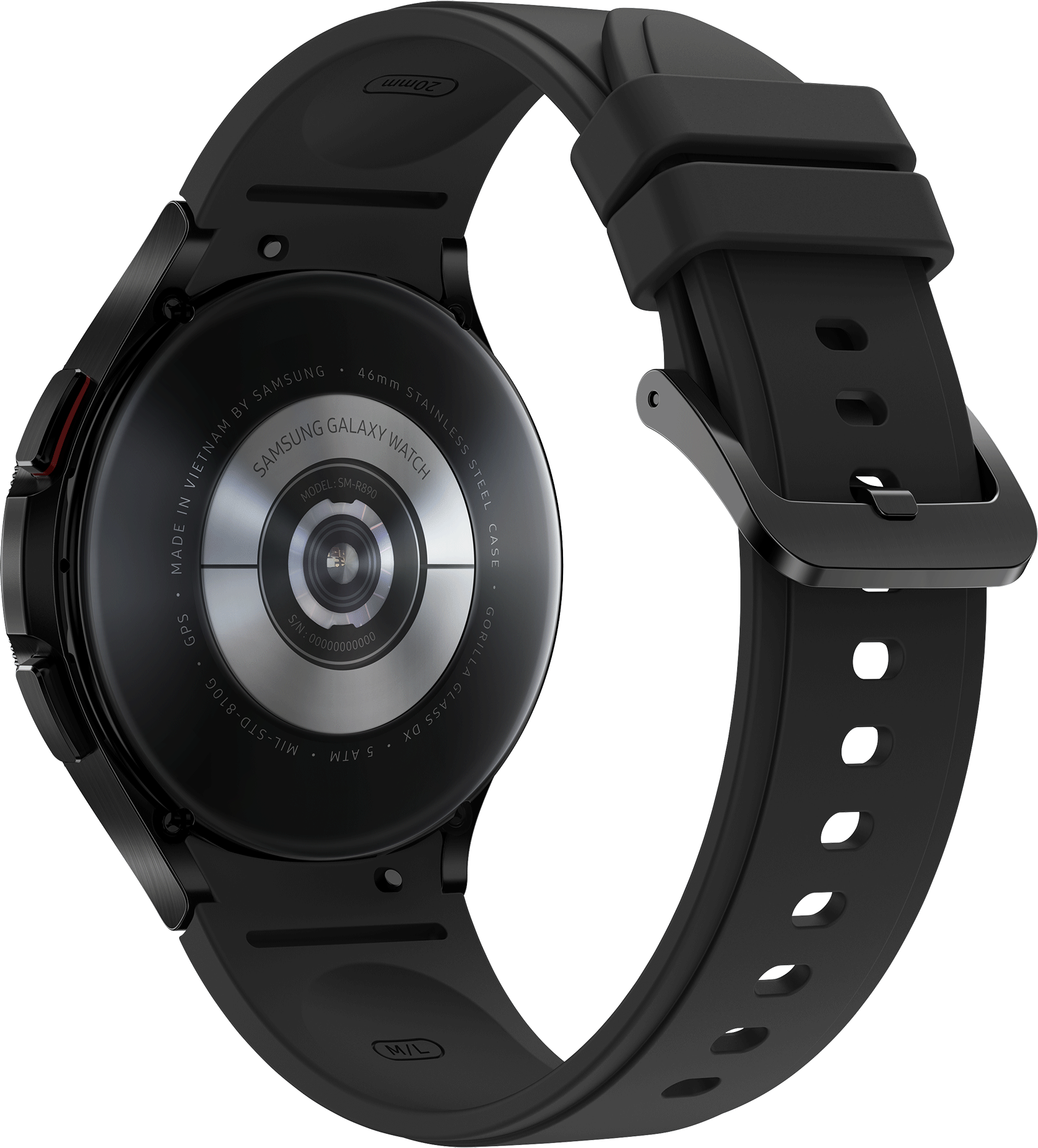 Schwarze Smartwatch, Rückansicht, zeigt Sensoren und Armbanddetails.