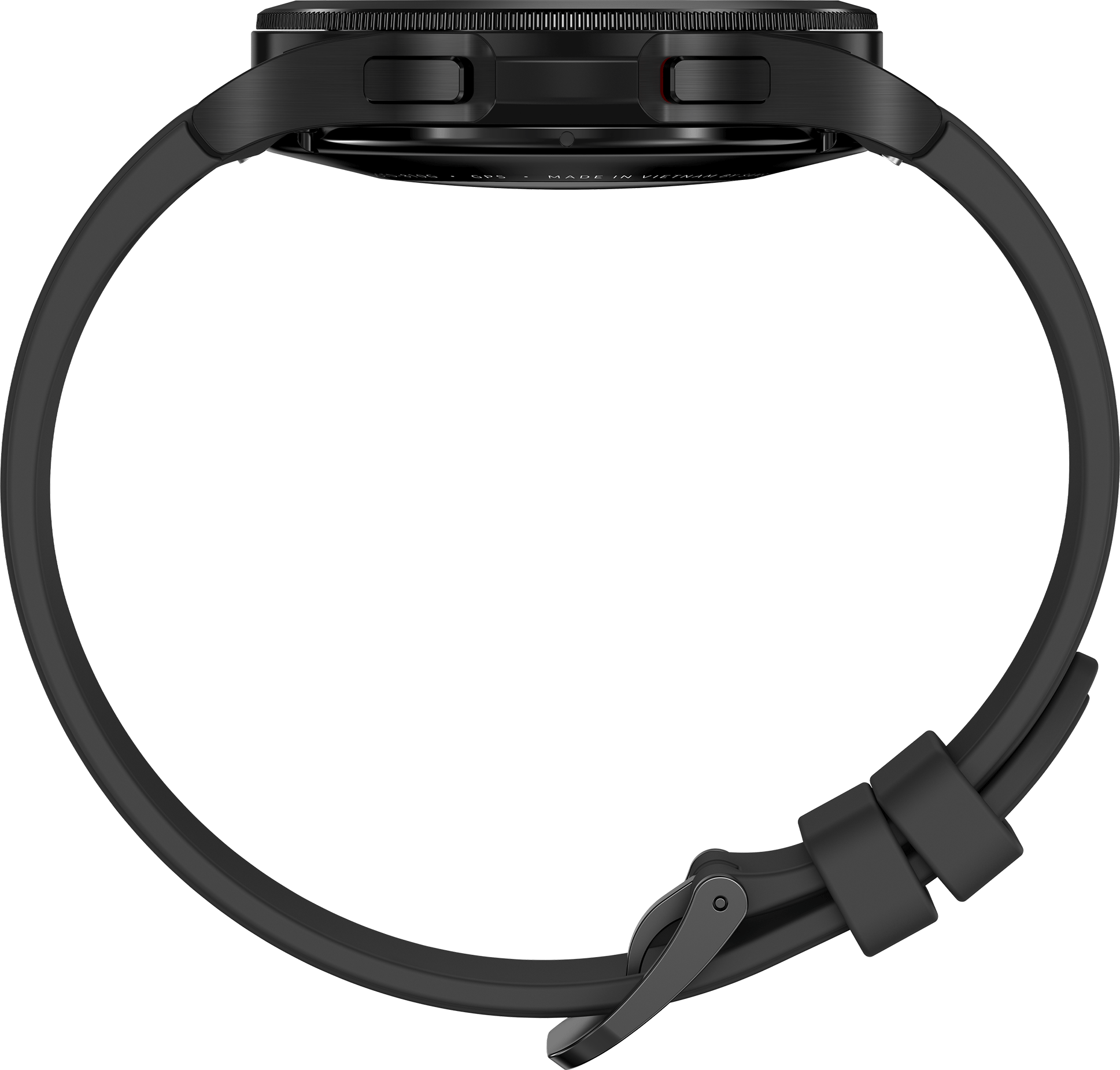 Schwarze Smartwatch. Die Uhr ist schwarz mit einem schwarzen Armband. Das Display ist sichtbar.