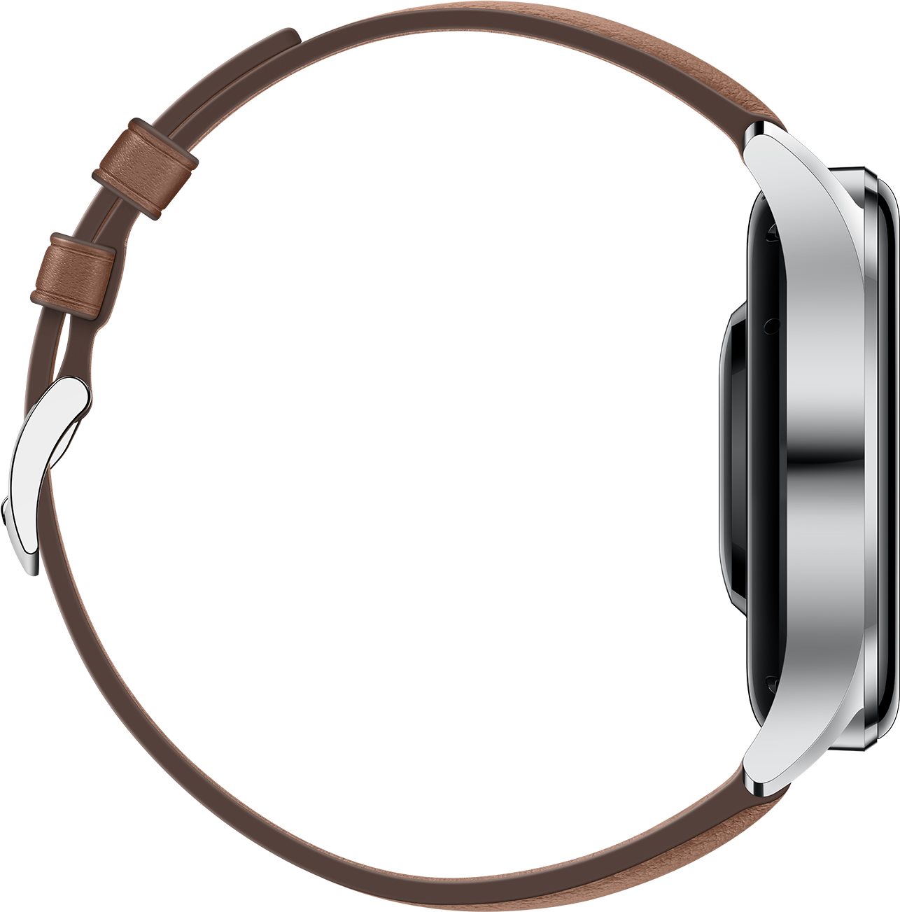 Widok z boku srebrnego smartwatcha z brązowym skórzanym paskiem. Zegarek jest na czarnym tle.