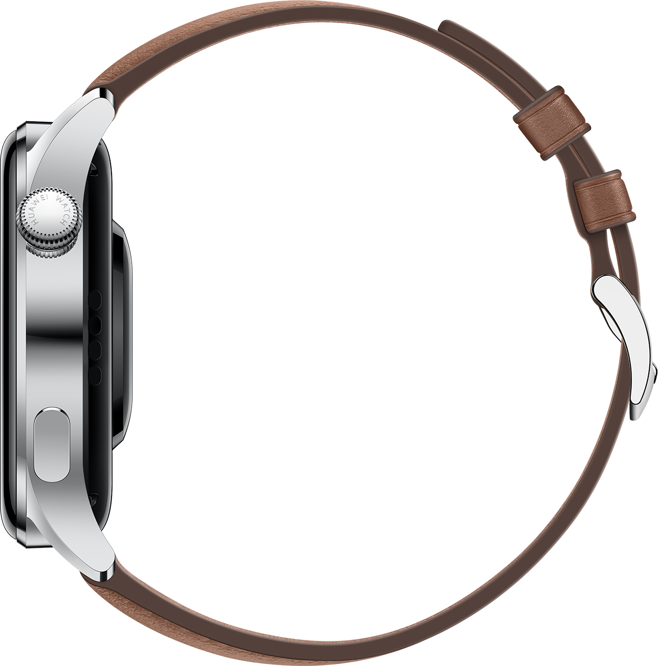 Widok z boku srebrnego smartwatcha z brązowym skórzanym paskiem.