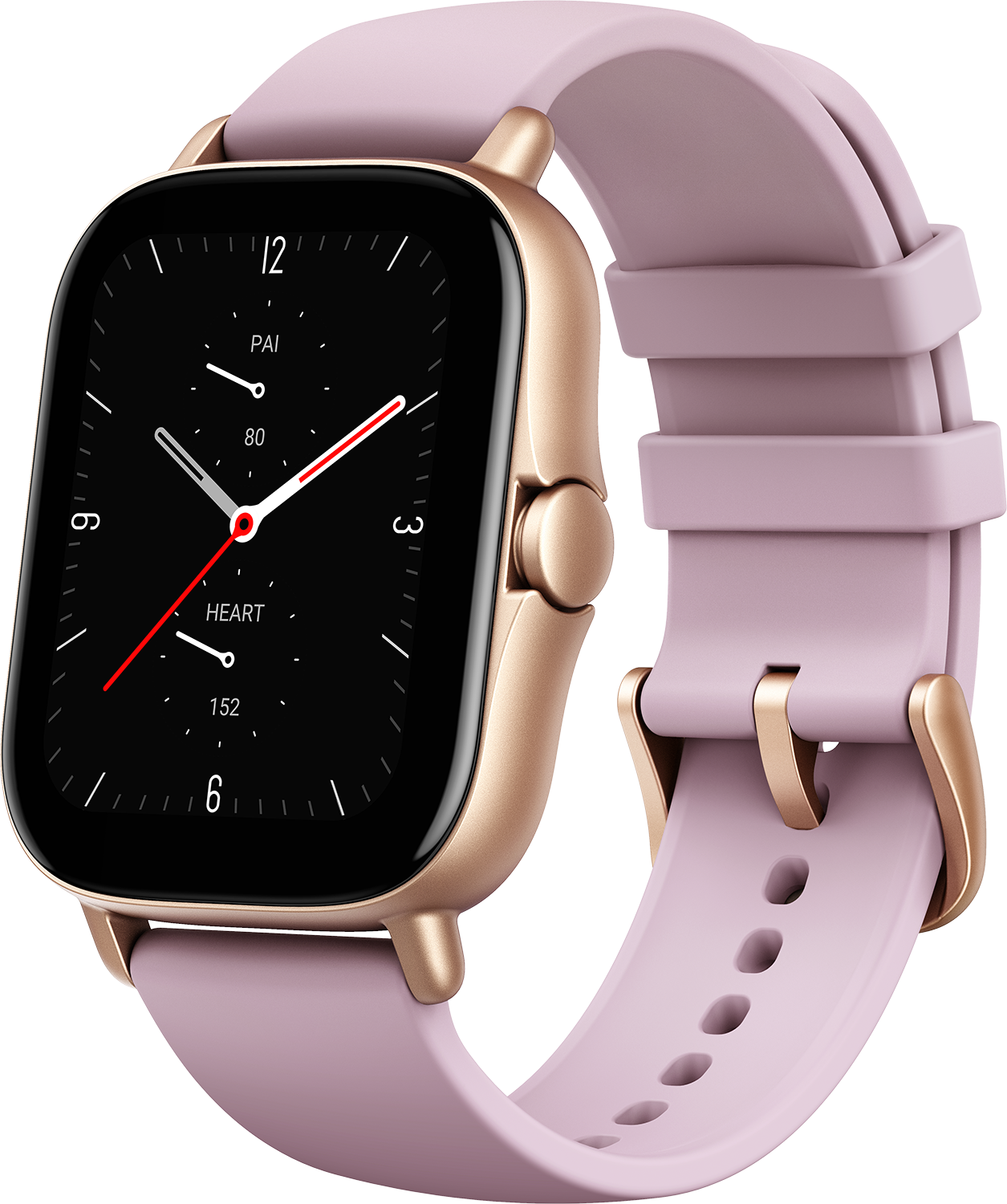Uno smartwatch dorato con quadrante rettangolare e cinturino rosa, mostra un'interfaccia digitale.
