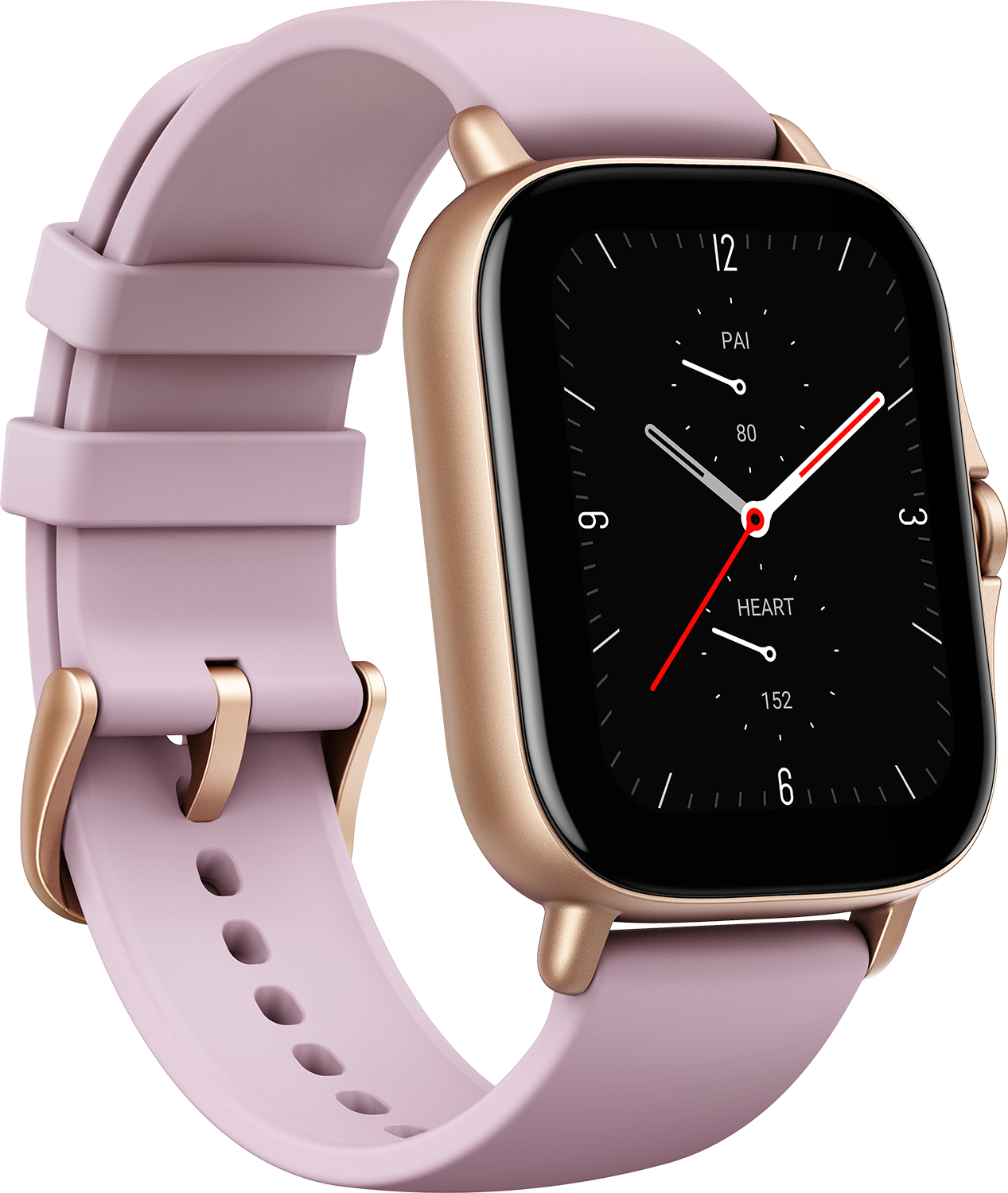 Uno smartwatch dorato con cinturino rosa, che mostra l'ora e le metriche di salute sul quadrante.