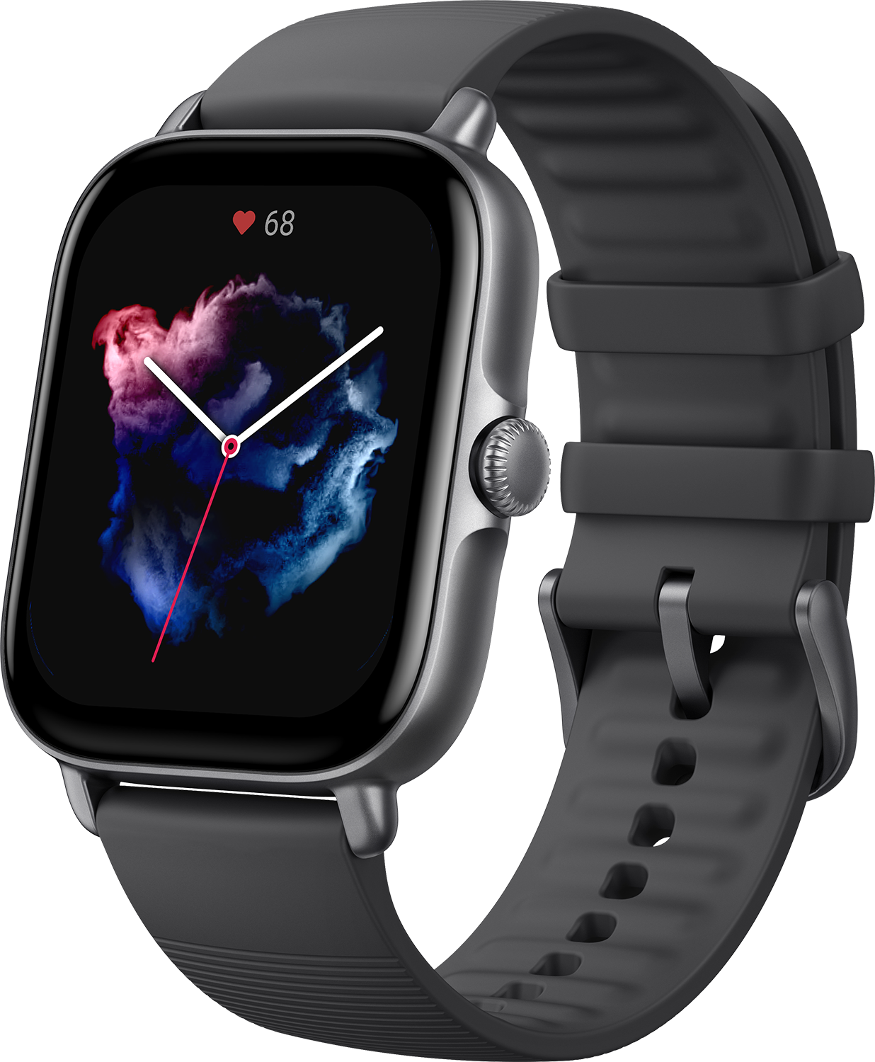 Smartwatch con una correa gris. La pantalla muestra una frecuencia cardíaca de 68 y un diseño colorido.