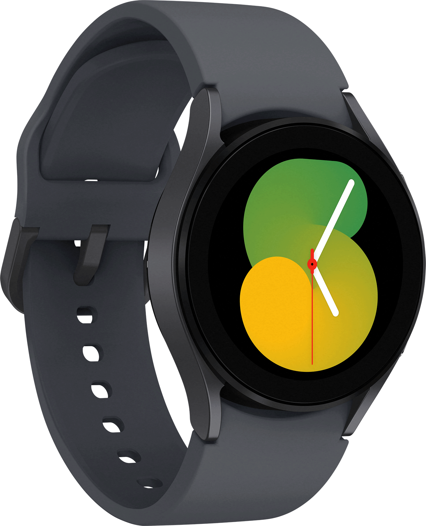Un reloj inteligente gris con marco negro y colores verdes y amarillos.
