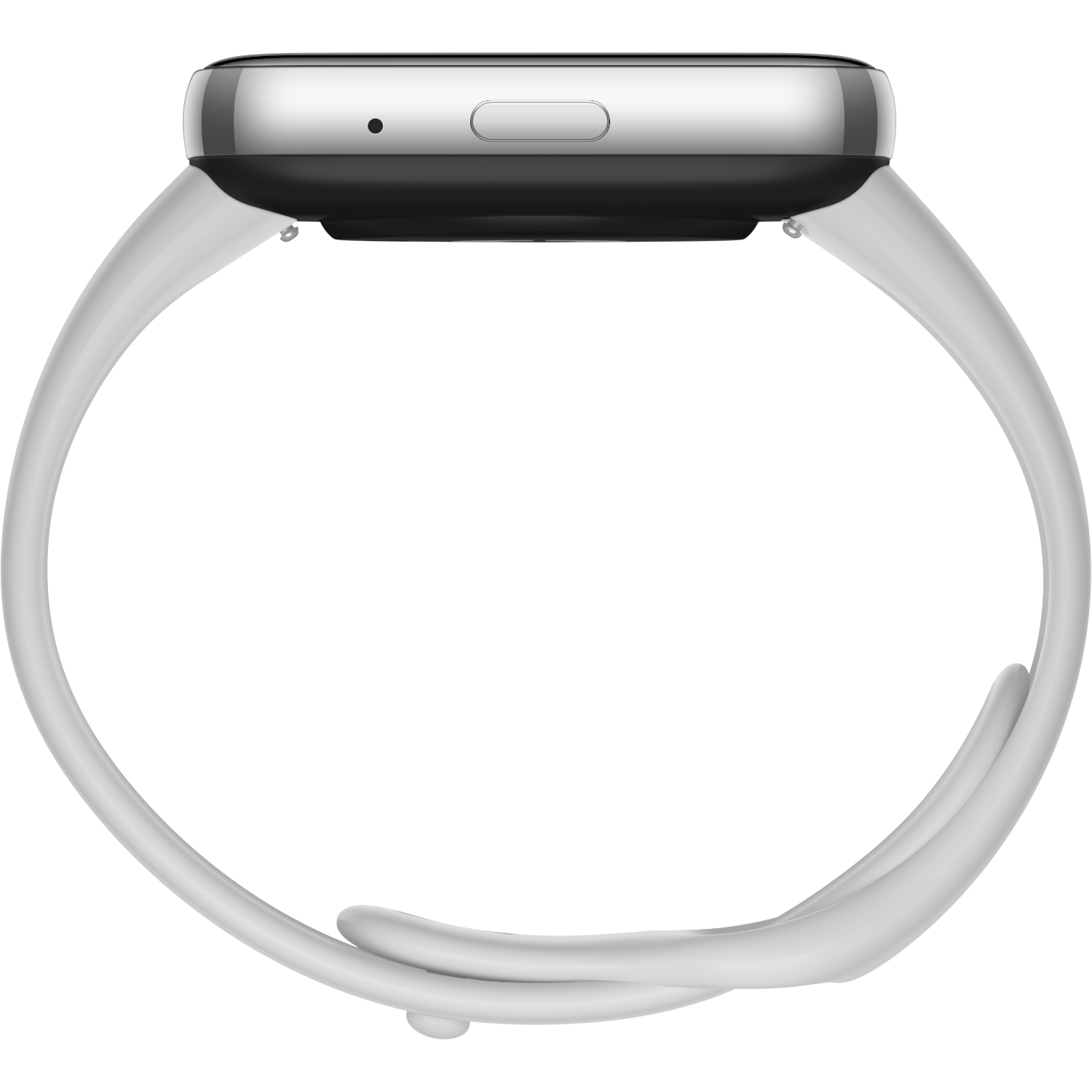 Eine weiße Smartwatch mit schwarzem Bildschirm und grauem Armband. Die Uhr zeigt nach oben und das Armband ist verbunden.
